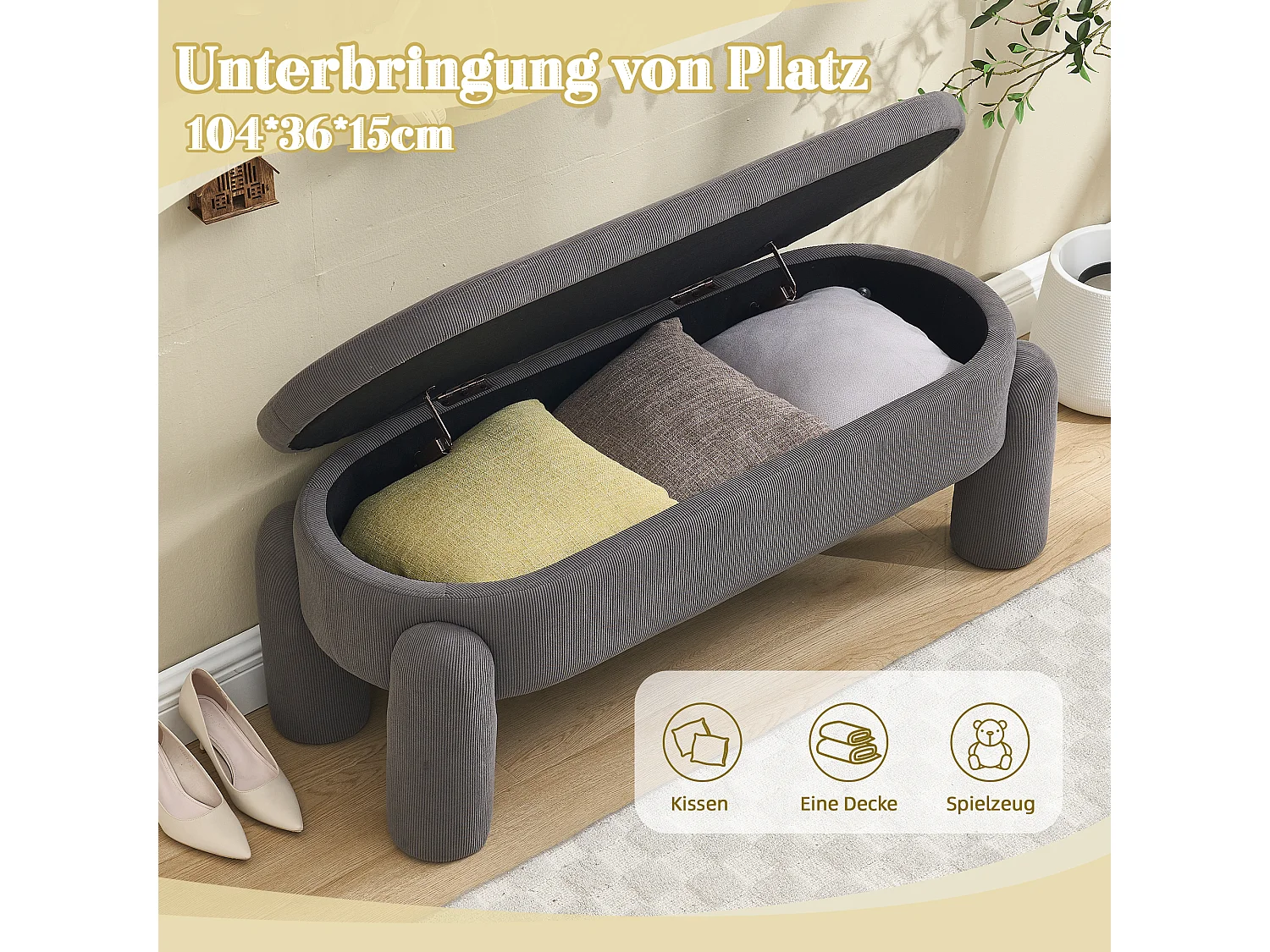 Banquette de rangement moderne, tissu Chenille et bois massif, antidérapante, grise (112x43x43 cm)