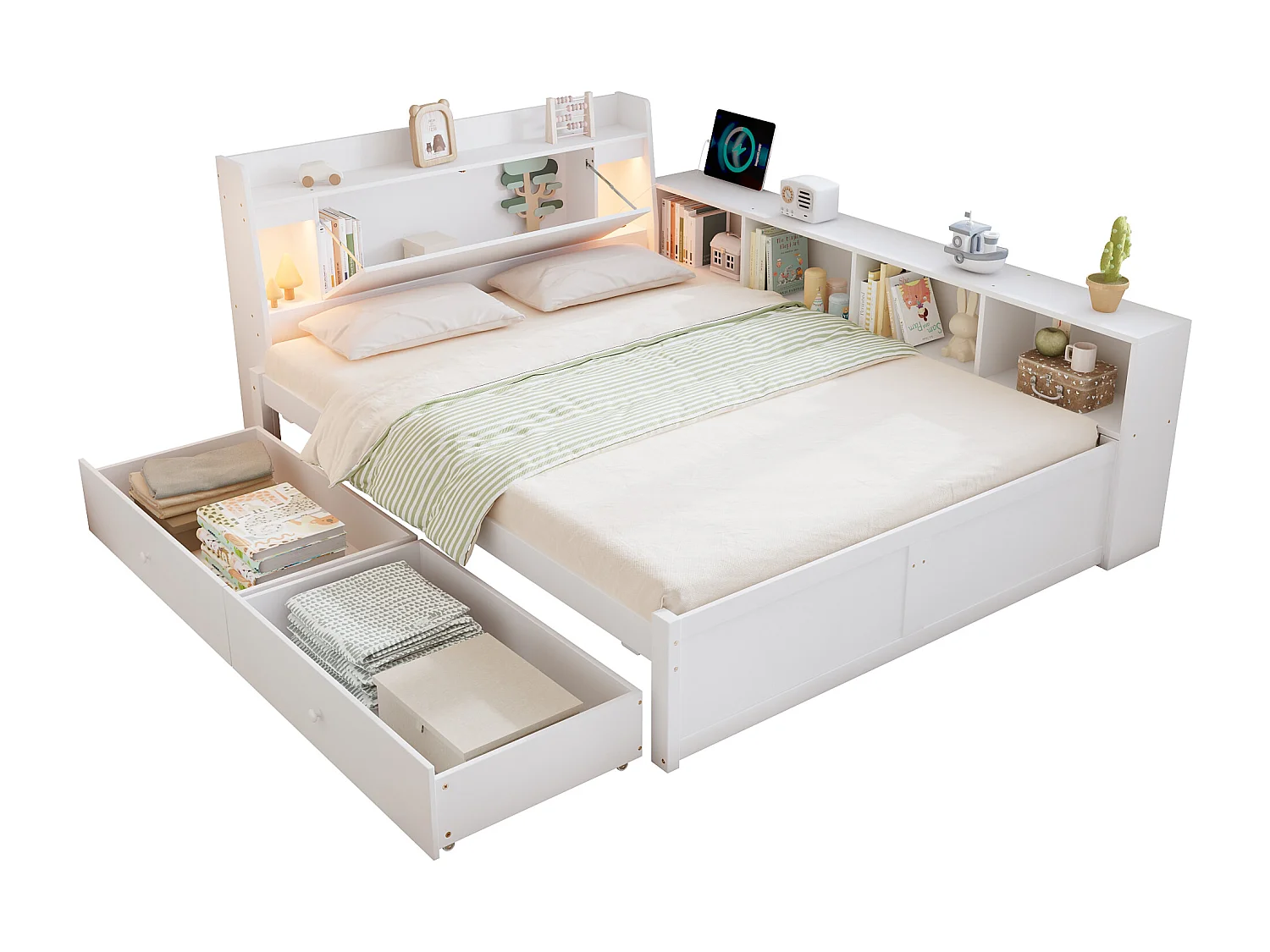 Lit Simple 140x200 cm avec Prise de Charge, tête de lit avec Rangement + 2 Lampes, Blanc