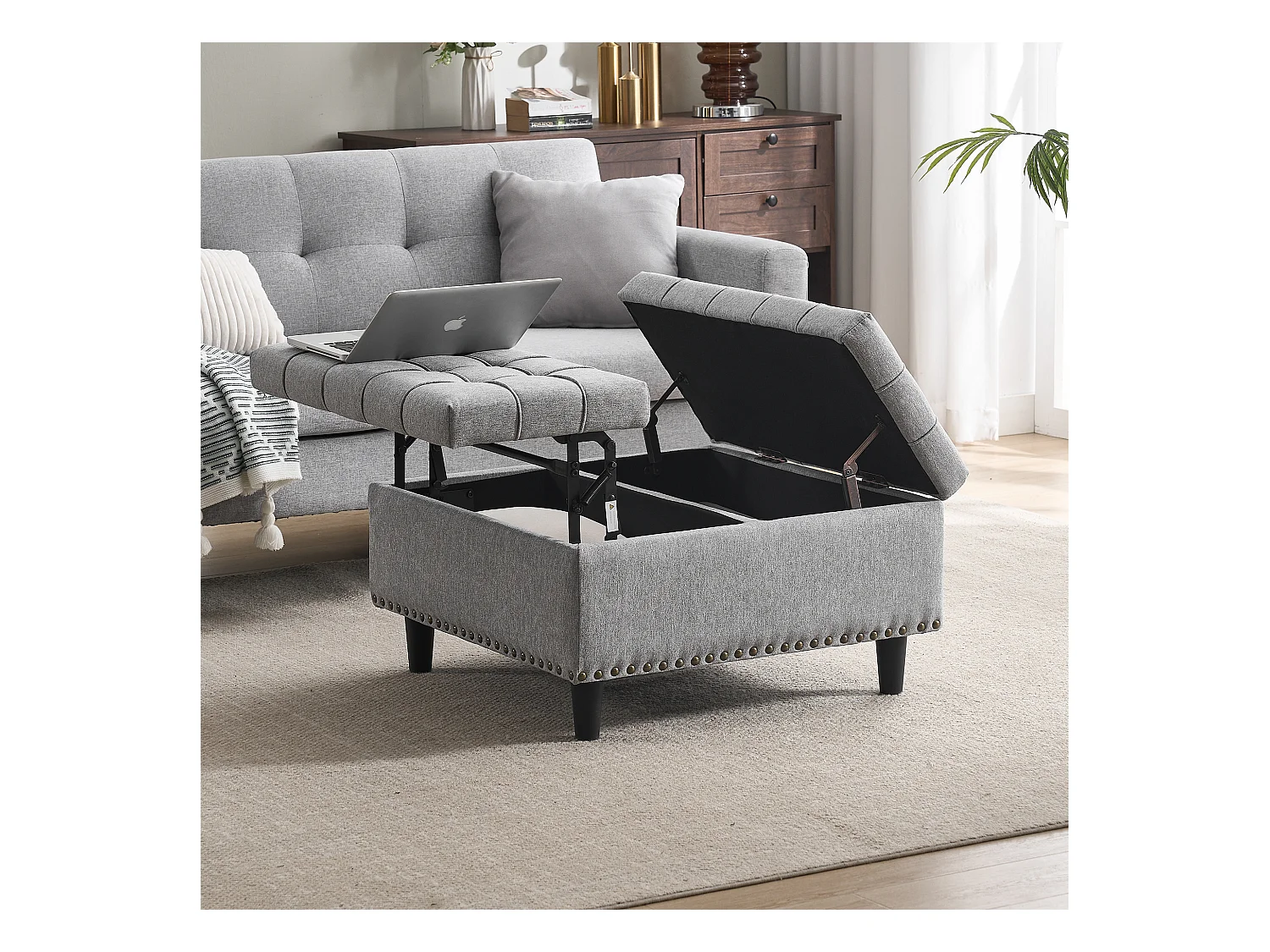 Banquette de rangement carrée, siège avec espace de rangement, tissu Lin et cadre en bois, gris (75x75x41 cm)