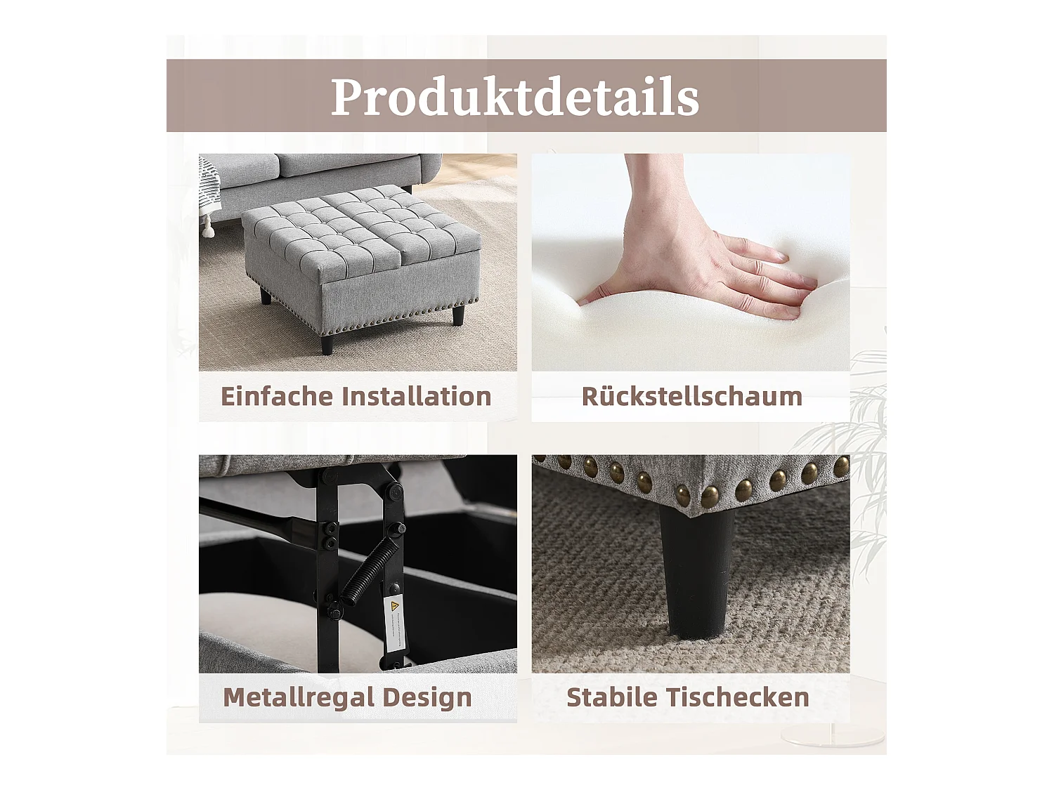 Banquette de rangement carrée, siège avec espace de rangement, tissu Lin et cadre en bois, gris (75x75x41 cm)