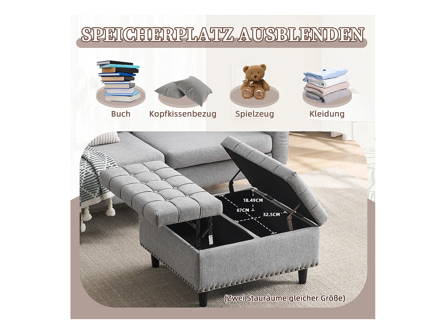 Banquette de rangement carrée, siège avec espace de rangement, tissu Lin et cadre en bois, gris (75x75x41 cm)