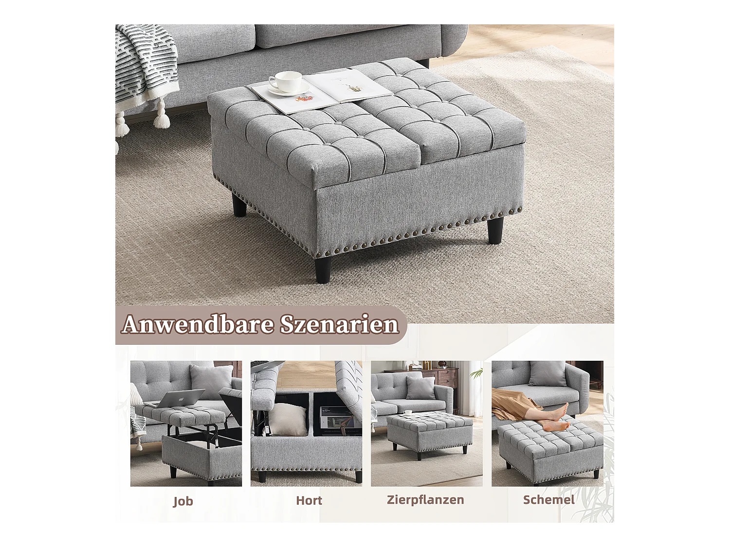 Banquette de rangement carrée, siège avec espace de rangement, tissu Lin et cadre en bois, gris (75x75x41 cm)