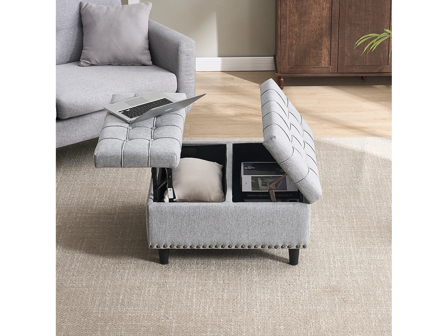 Banquette de rangement carrée, siège avec espace de rangement, tissu Lin et cadre en bois, gris (75x75x41 cm)