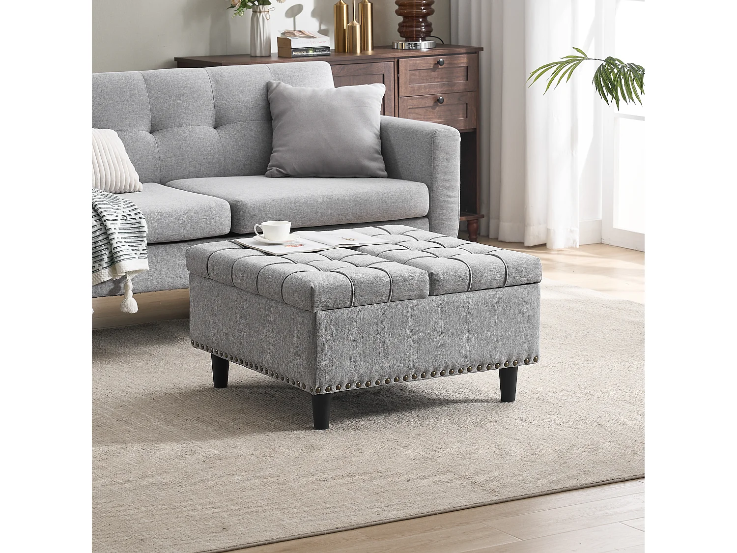 Banquette de rangement carrée, siège avec espace de rangement, tissu Lin et cadre en bois, gris (75x75x41 cm)