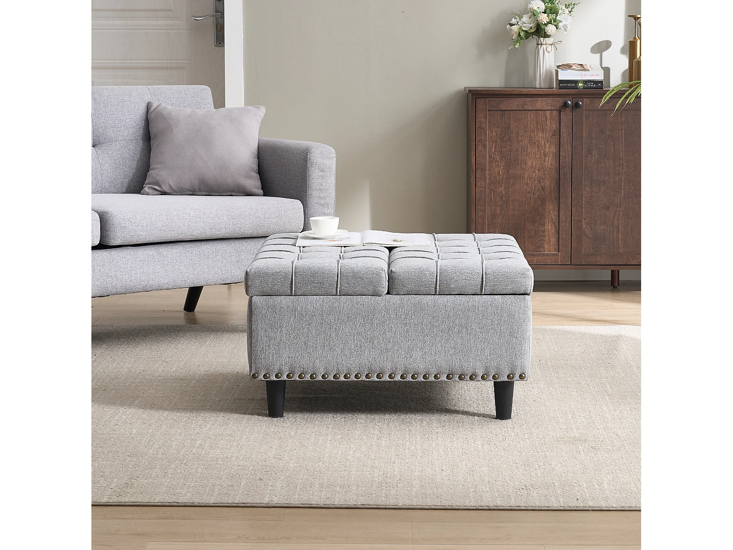 Banquette de rangement carrée, siège avec espace de rangement, tissu Lin et cadre en bois, gris (75x75x41 cm)