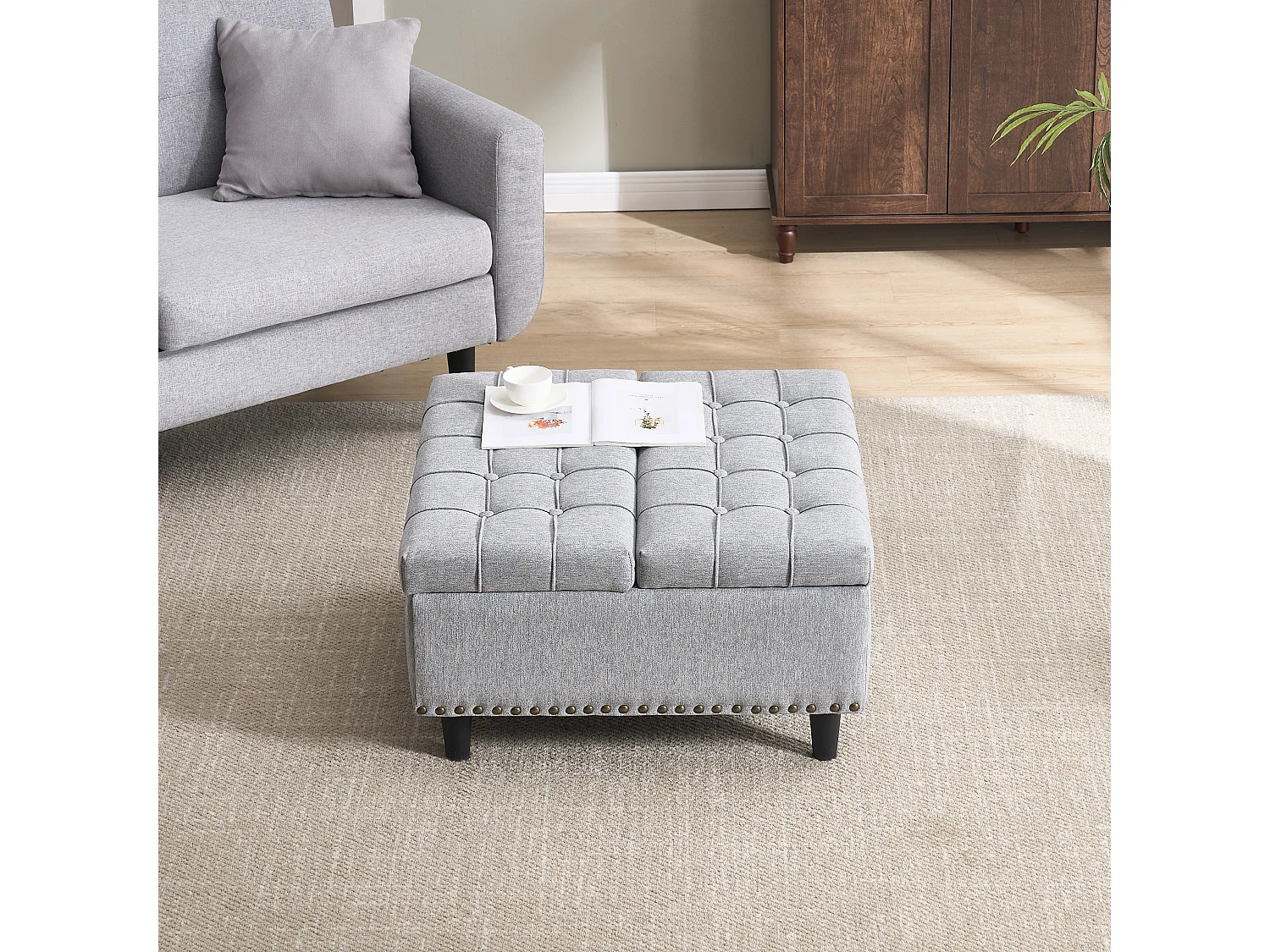 Banquette de rangement carrée, siège avec espace de rangement, tissu Lin et cadre en bois, gris (75x75x41 cm)