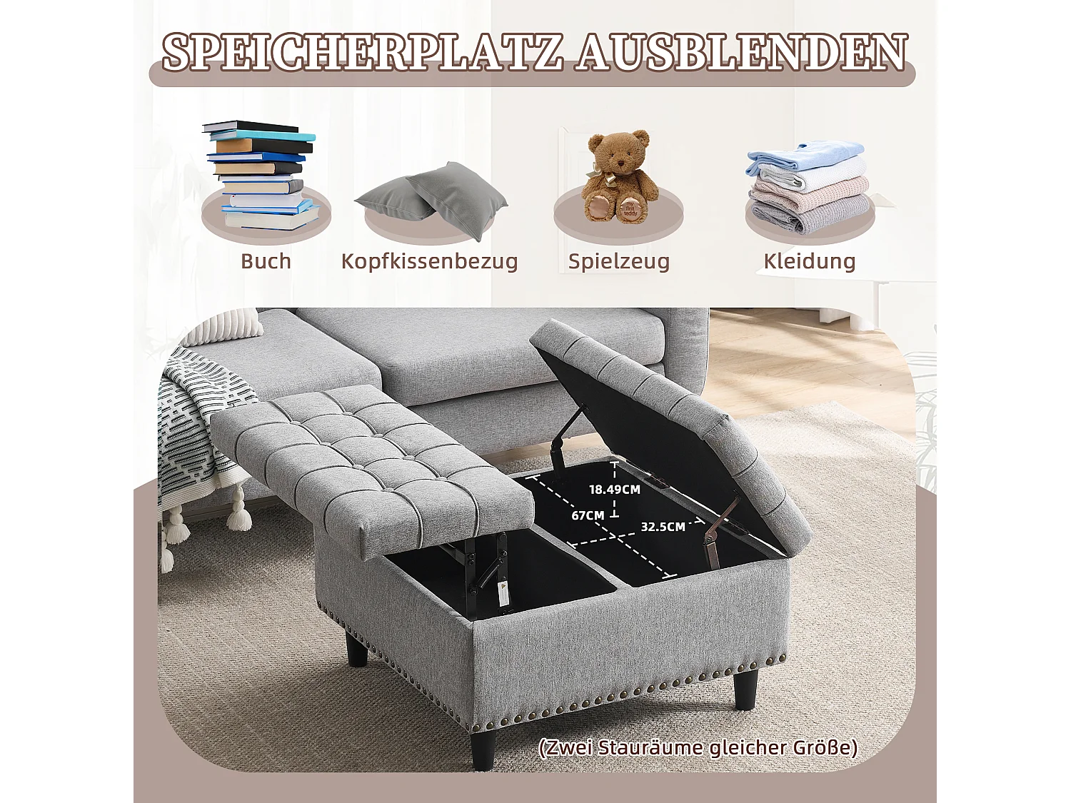 Vierkante opbergbank, zitting met opbergruimte, linnen stof en houten frame, grijs (75x75x41 cm)