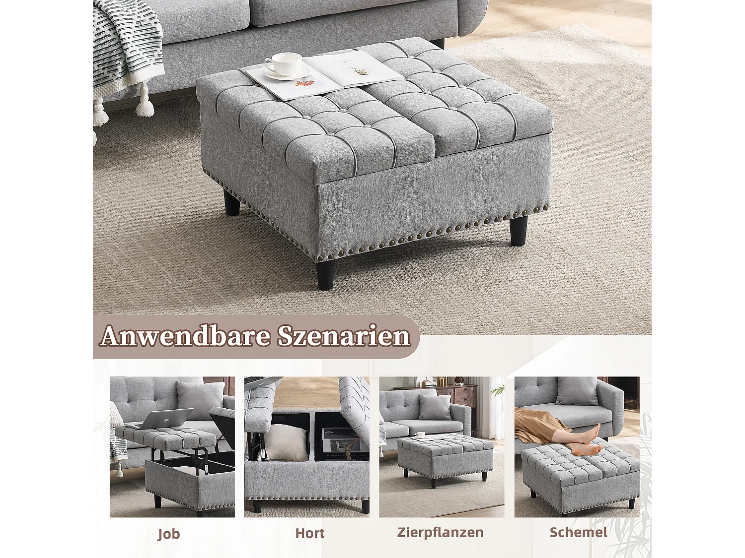 Vierkante opbergbank, zitting met opbergruimte, linnen stof en houten frame, grijs (75x75x41 cm)