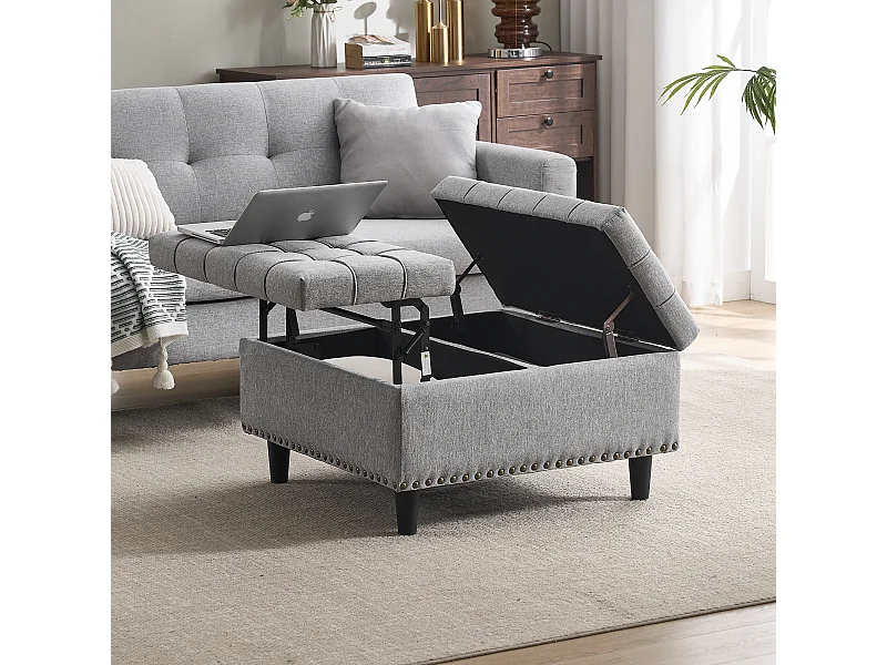 Banquette de rangement carrée, siège avec espace de rangement, tissu Lin et cadre en bois, gris (75x75x41 cm)