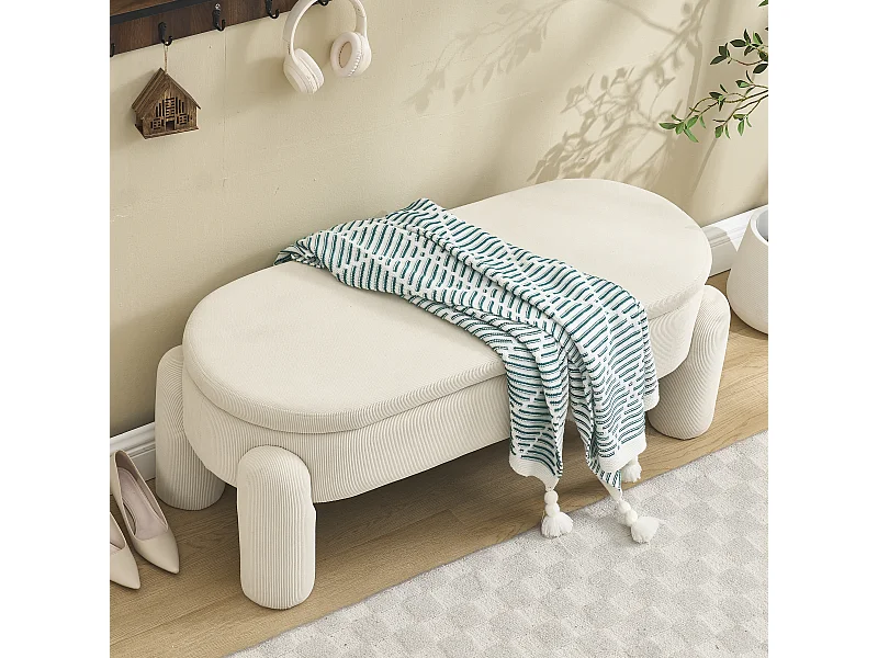 Banco de almacenaje moderno, tejido chenilla y madera maciza, antideslizante, beige (112x43x43 cm)