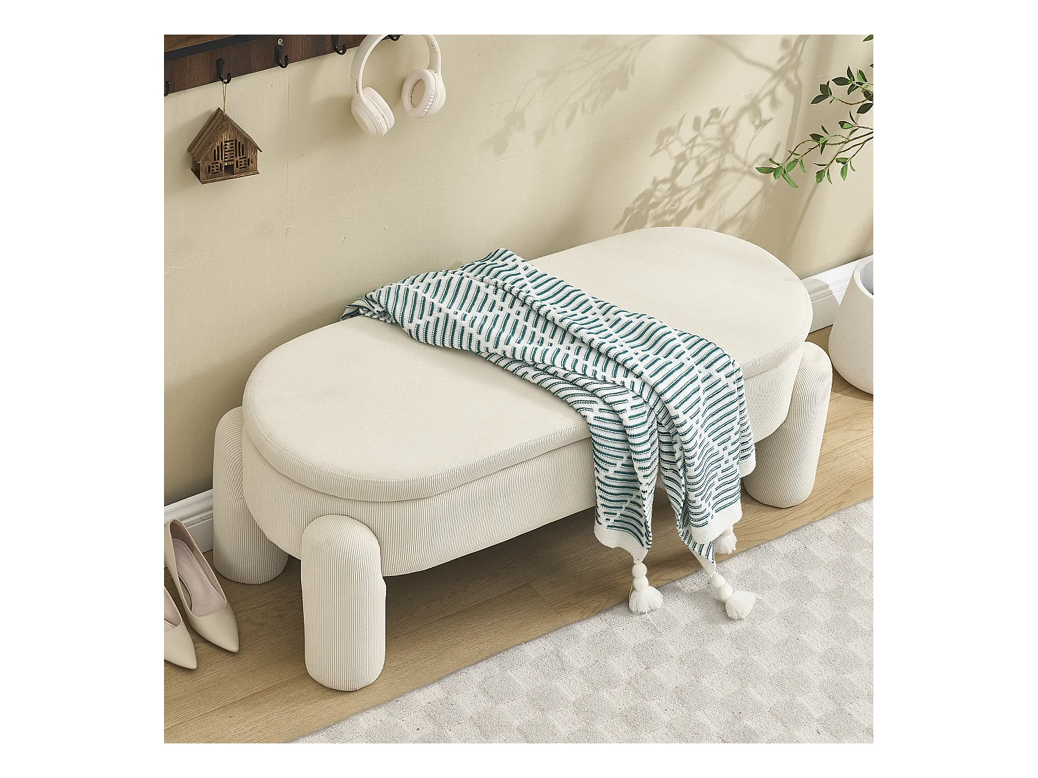 Banquette de rangement moderne, tissu Chenille et bois massif, antidérapante, beige (112x43x43 cm)