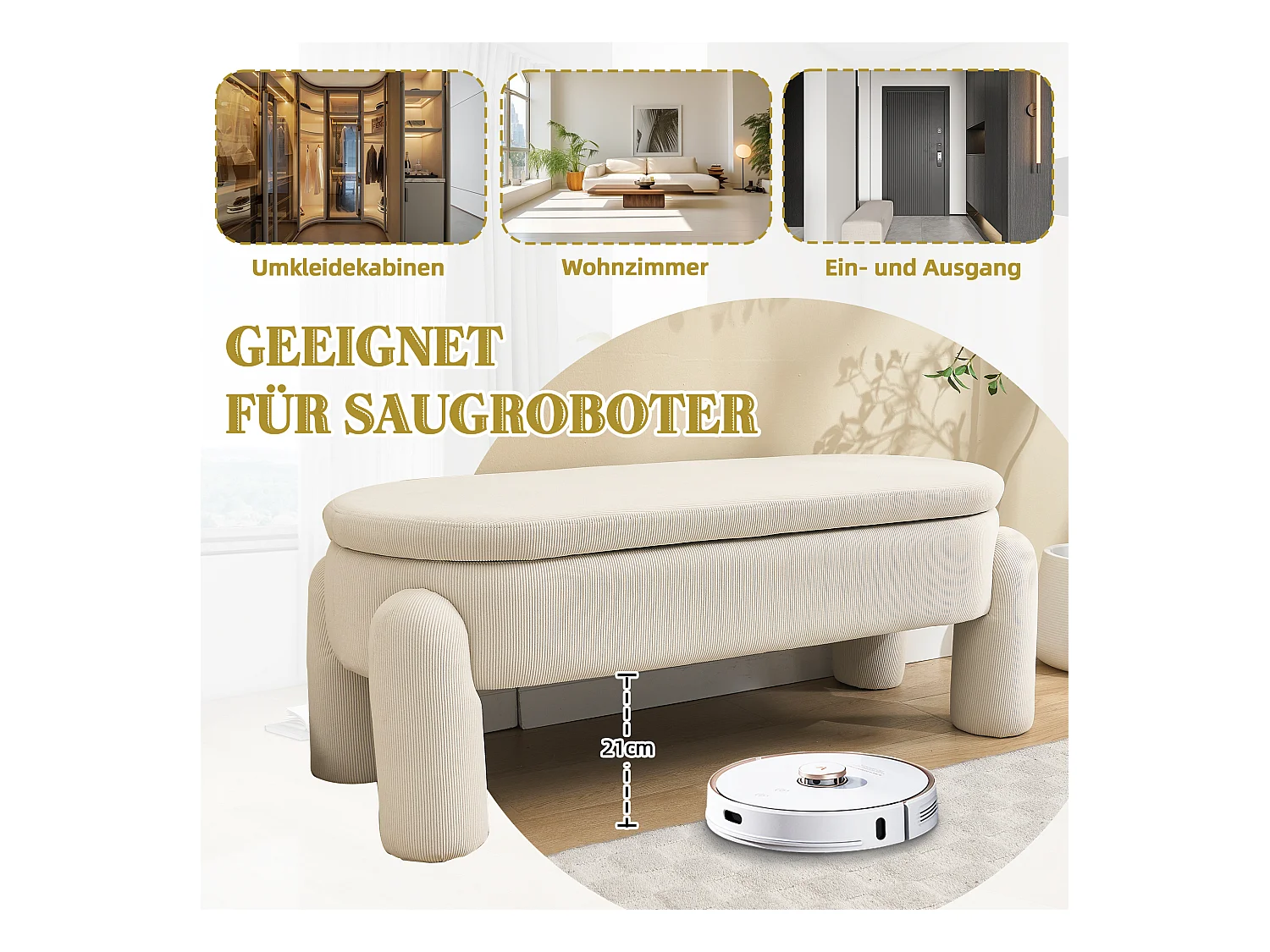 Banquette de rangement moderne, tissu Chenille et bois massif, antidérapante, beige (112x43x43 cm)