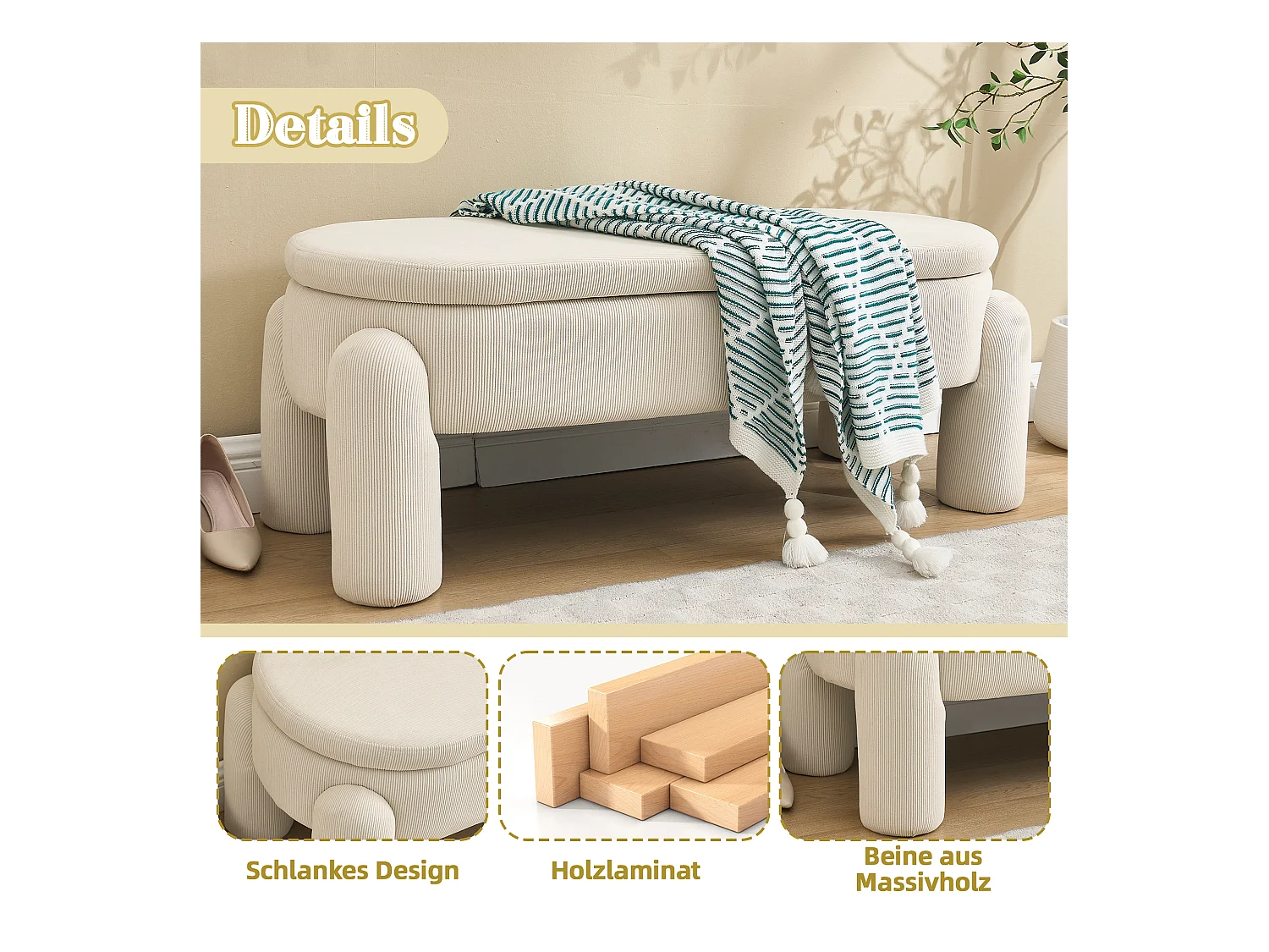 Banquette de rangement moderne, tissu Chenille et bois massif, antidérapante, beige (112x43x43 cm)