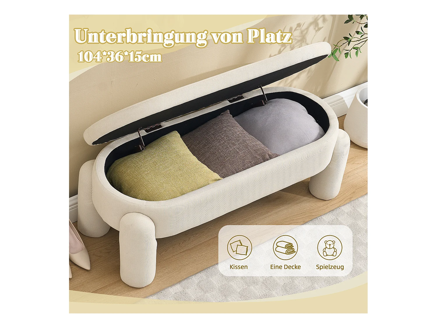 Banquette de rangement moderne, tissu Chenille et bois massif, antidérapante, beige (112x43x43 cm)
