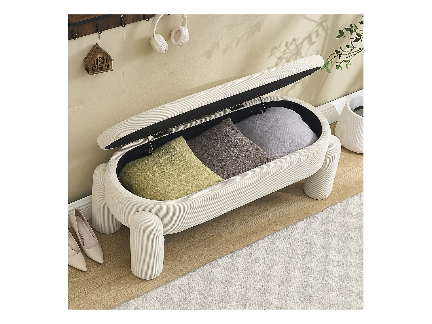 Banquette de rangement moderne, tissu Chenille et bois massif, antidérapante, beige (112x43x43 cm)