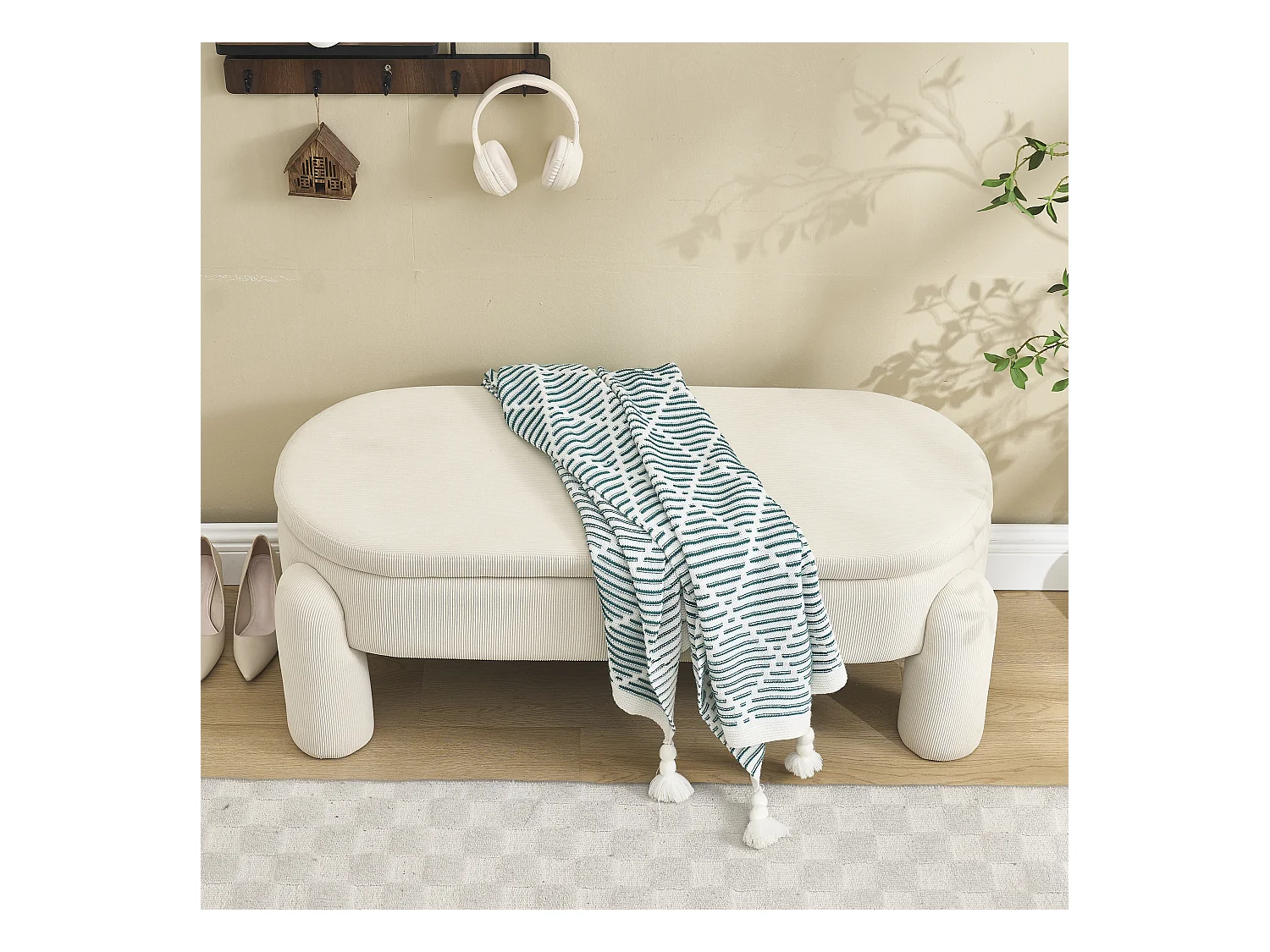 Banquette de rangement moderne, tissu Chenille et bois massif, antidérapante, beige (112x43x43 cm)