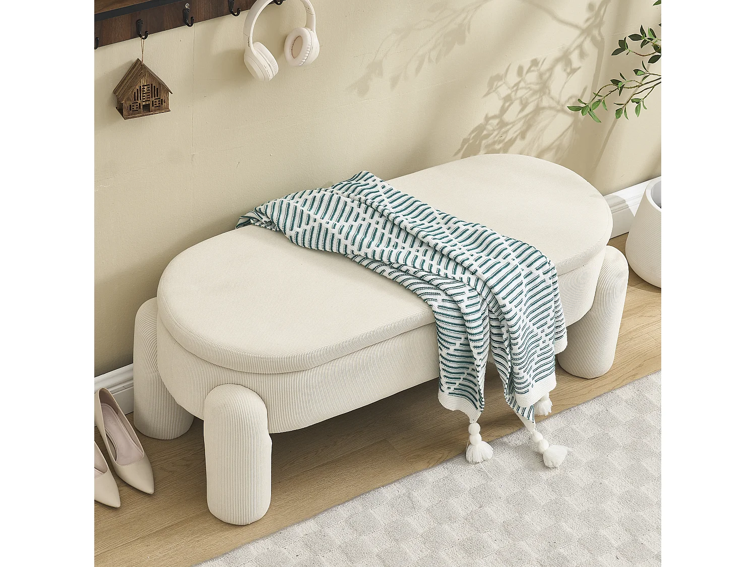 Banquette de rangement moderne, tissu Chenille et bois massif, antidérapante, beige (112x43x43 cm)