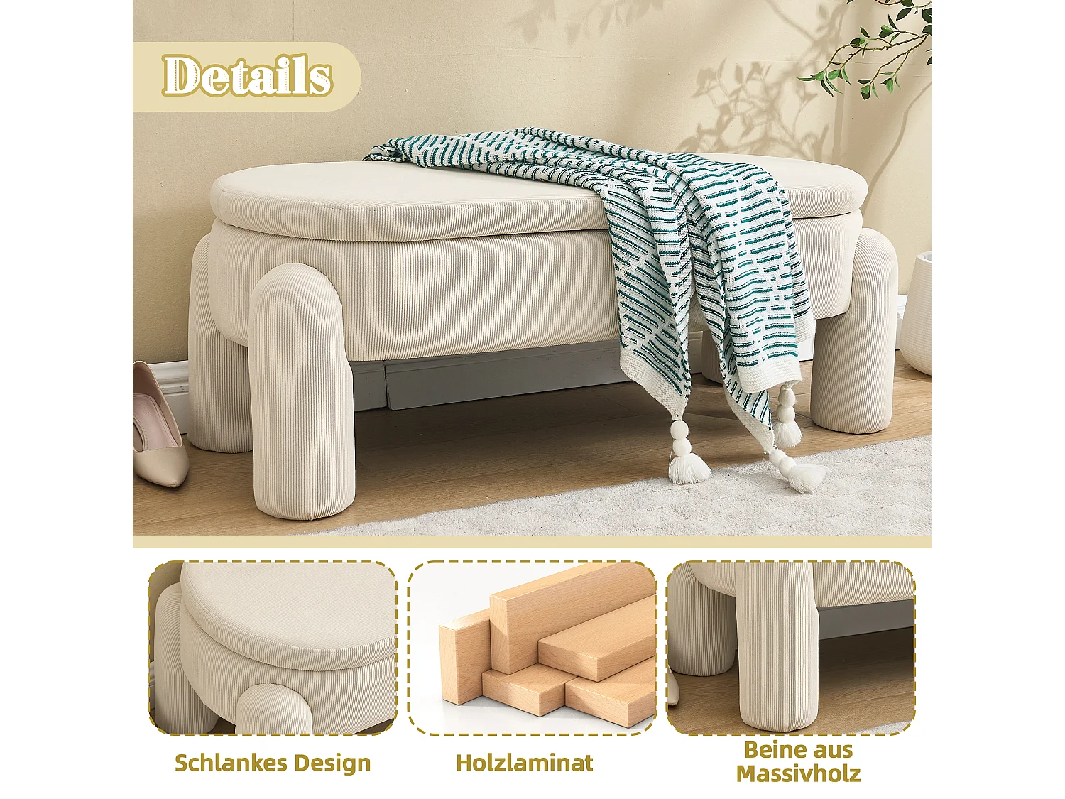 Banquette de rangement moderne, tissu Chenille et bois massif, antidérapante, beige (112x43x43 cm)