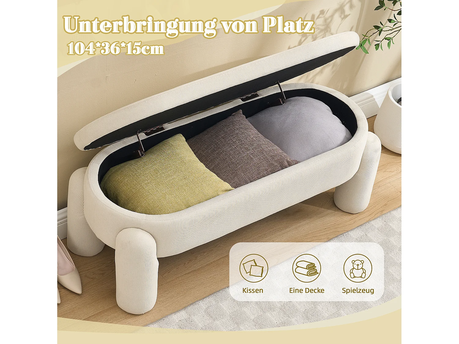 Banquette de rangement moderne, tissu Chenille et bois massif, antidérapante, beige (112x43x43 cm)