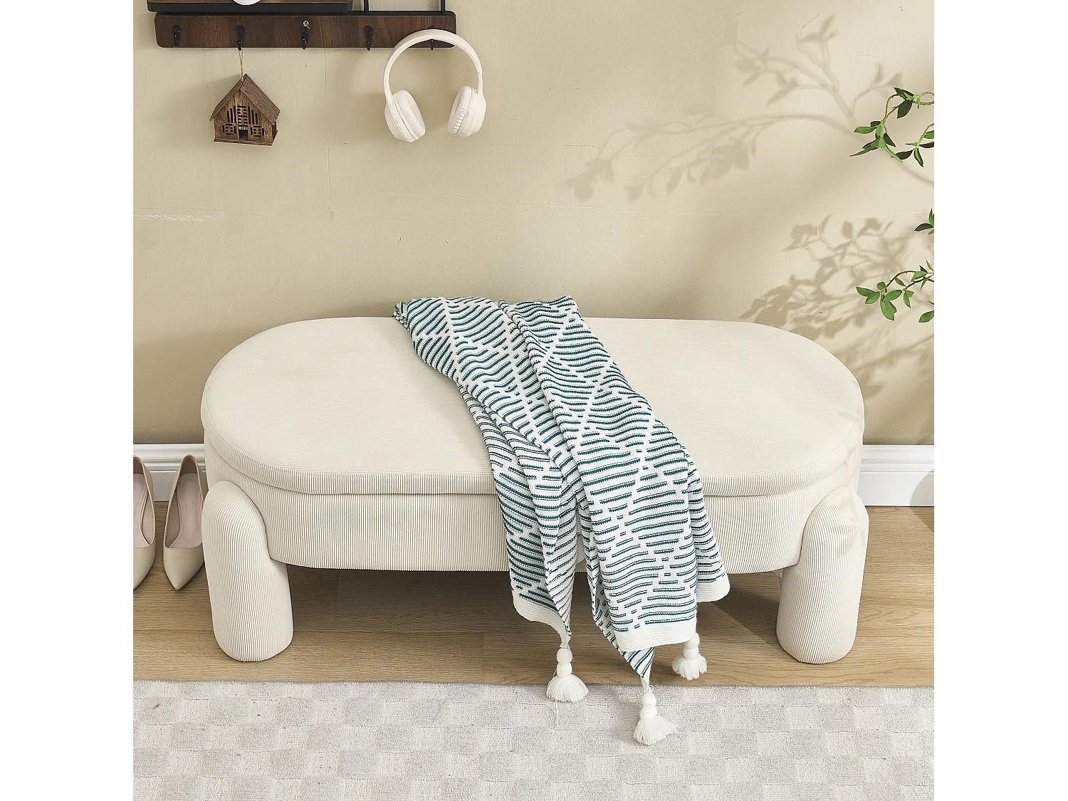 Banquette de rangement moderne, tissu Chenille et bois massif, antidérapante, beige (112x43x43 cm)