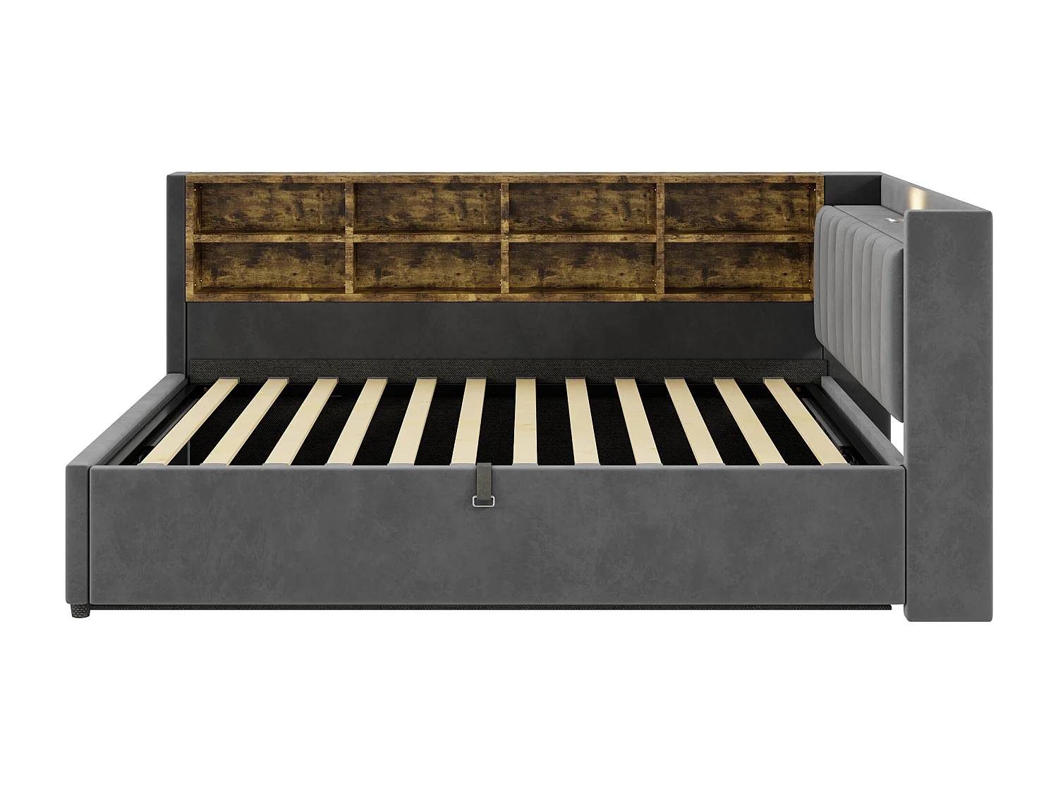 Lit banquette en velours gris foncé clair 140x200cm avec coffre hydraulique, veilleuse, ports de charge USB et Type-C(sans matelas)