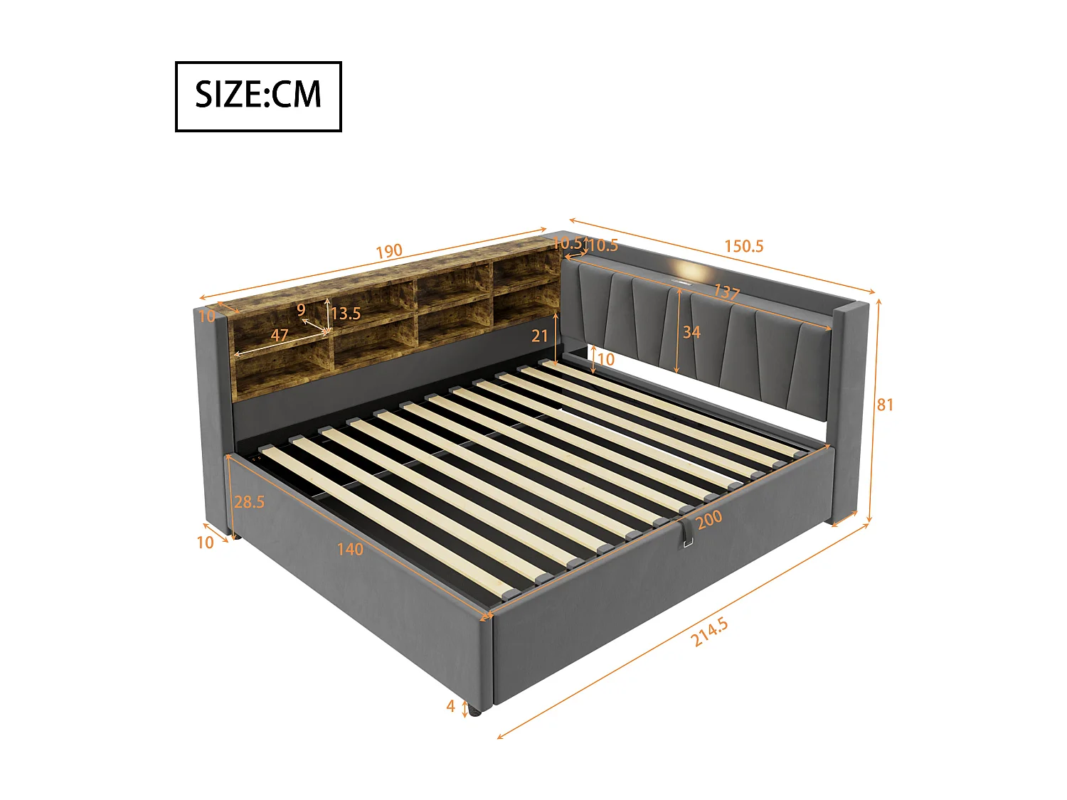 Lit banquette en velours gris foncé clair 140x200cm avec coffre hydraulique, veilleuse, ports de charge USB et Type-C(sans matelas)