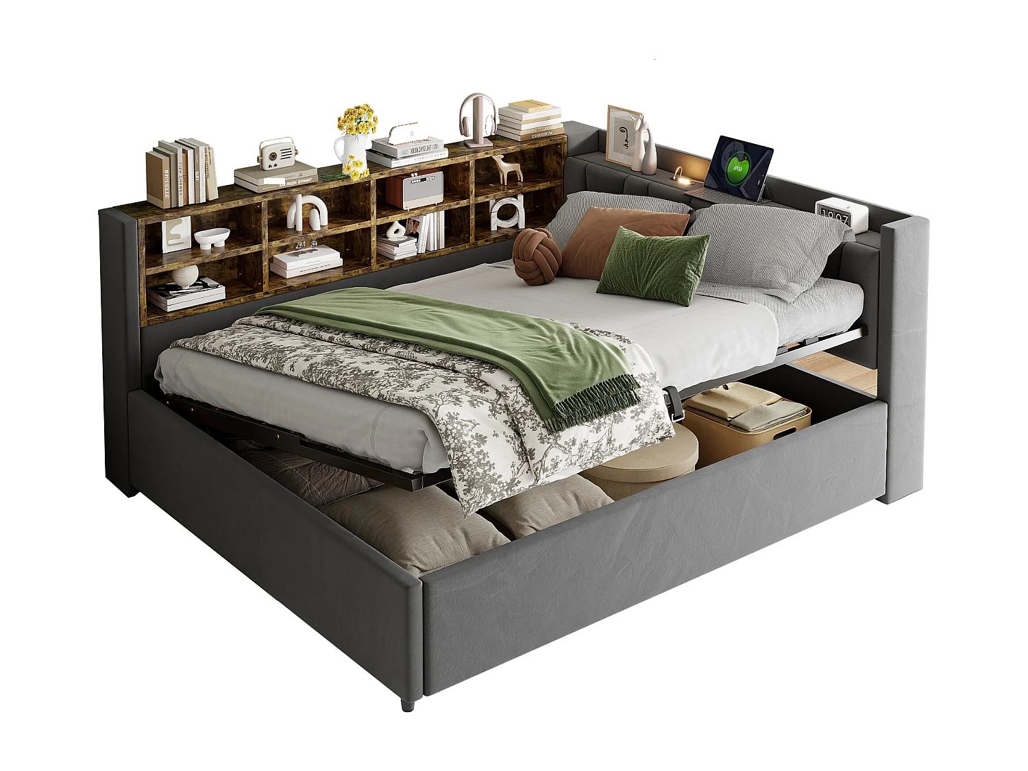 Lit banquette en velours gris foncé clair 140x200cm avec coffre hydraulique, veilleuse, ports de charge USB et Type-C(sans matelas)