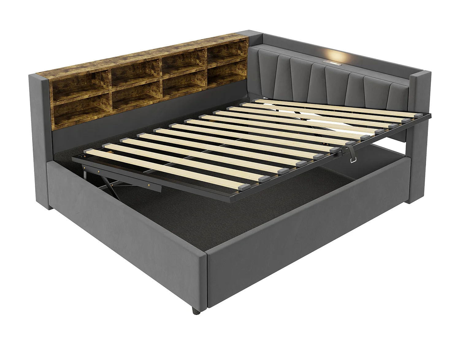 Lit banquette en velours gris foncé clair 140x200cm avec coffre hydraulique, veilleuse, ports de charge USB et Type-C(sans matelas)