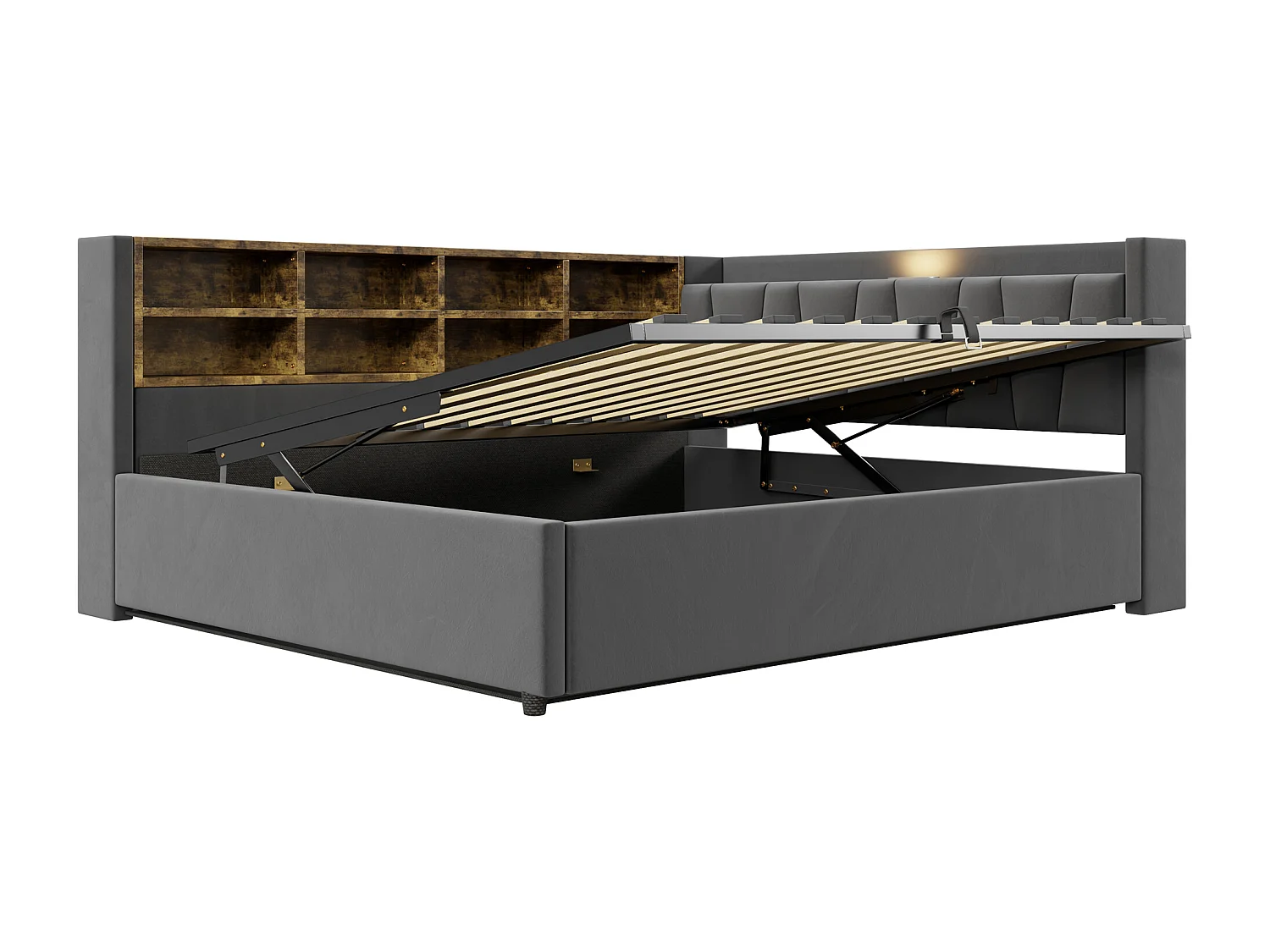 Lit banquette en velours gris foncé clair 140x200cm avec coffre hydraulique, veilleuse, ports de charge USB et Type-C(sans matelas)