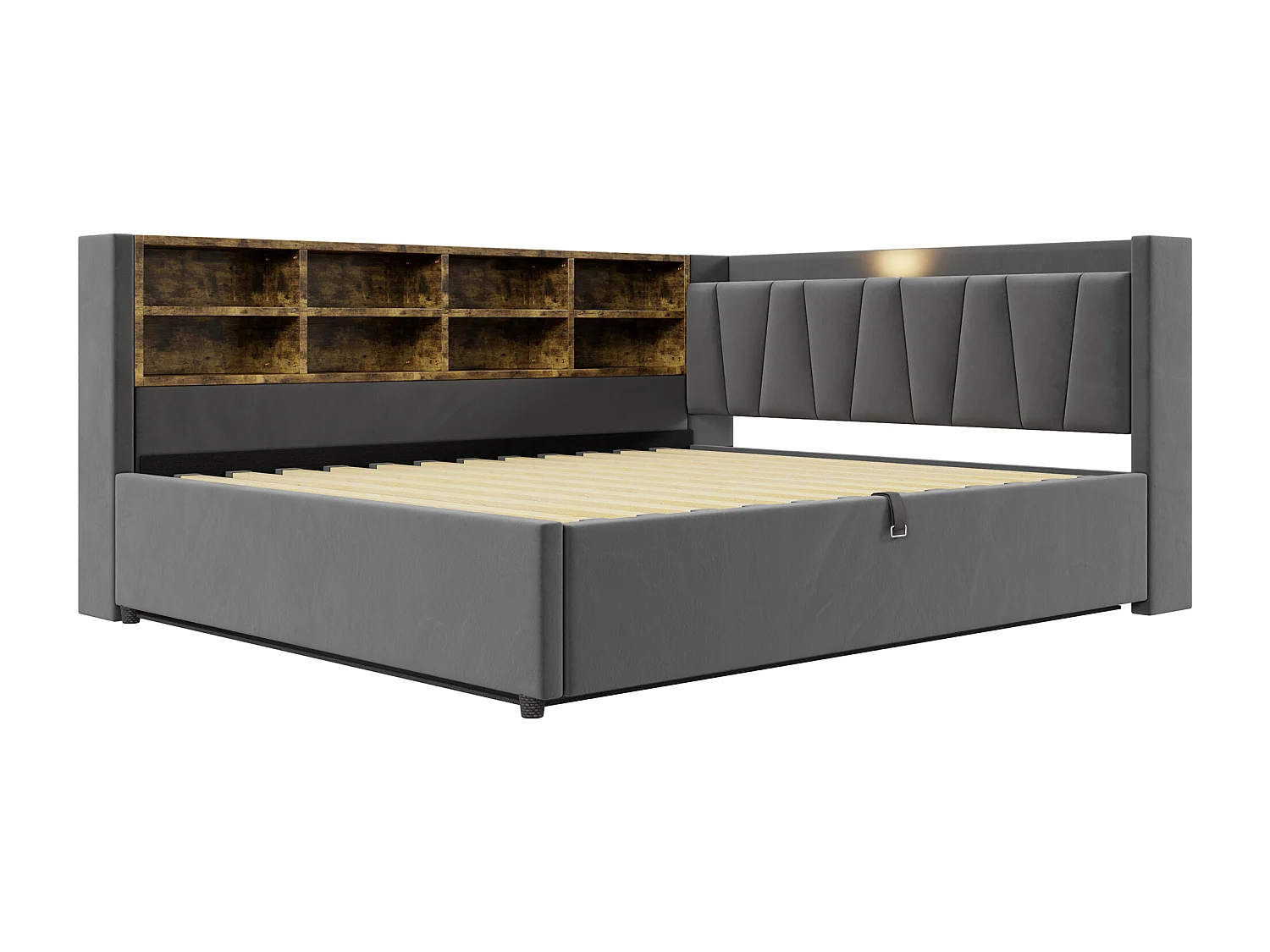 Lit banquette en velours gris foncé clair 140x200cm avec coffre hydraulique, veilleuse, ports de charge USB et Type-C(sans matelas)