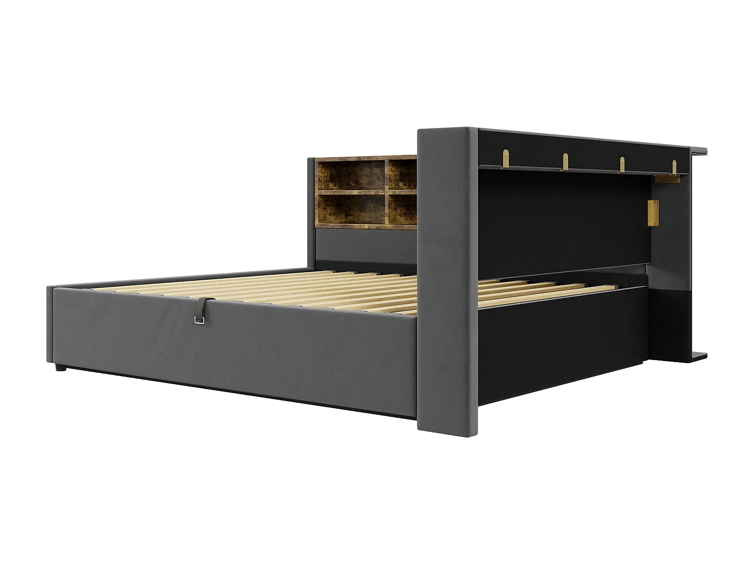 Lit banquette en velours gris foncé clair 140x200cm avec coffre hydraulique, veilleuse, ports de charge USB et Type-C(sans matelas)