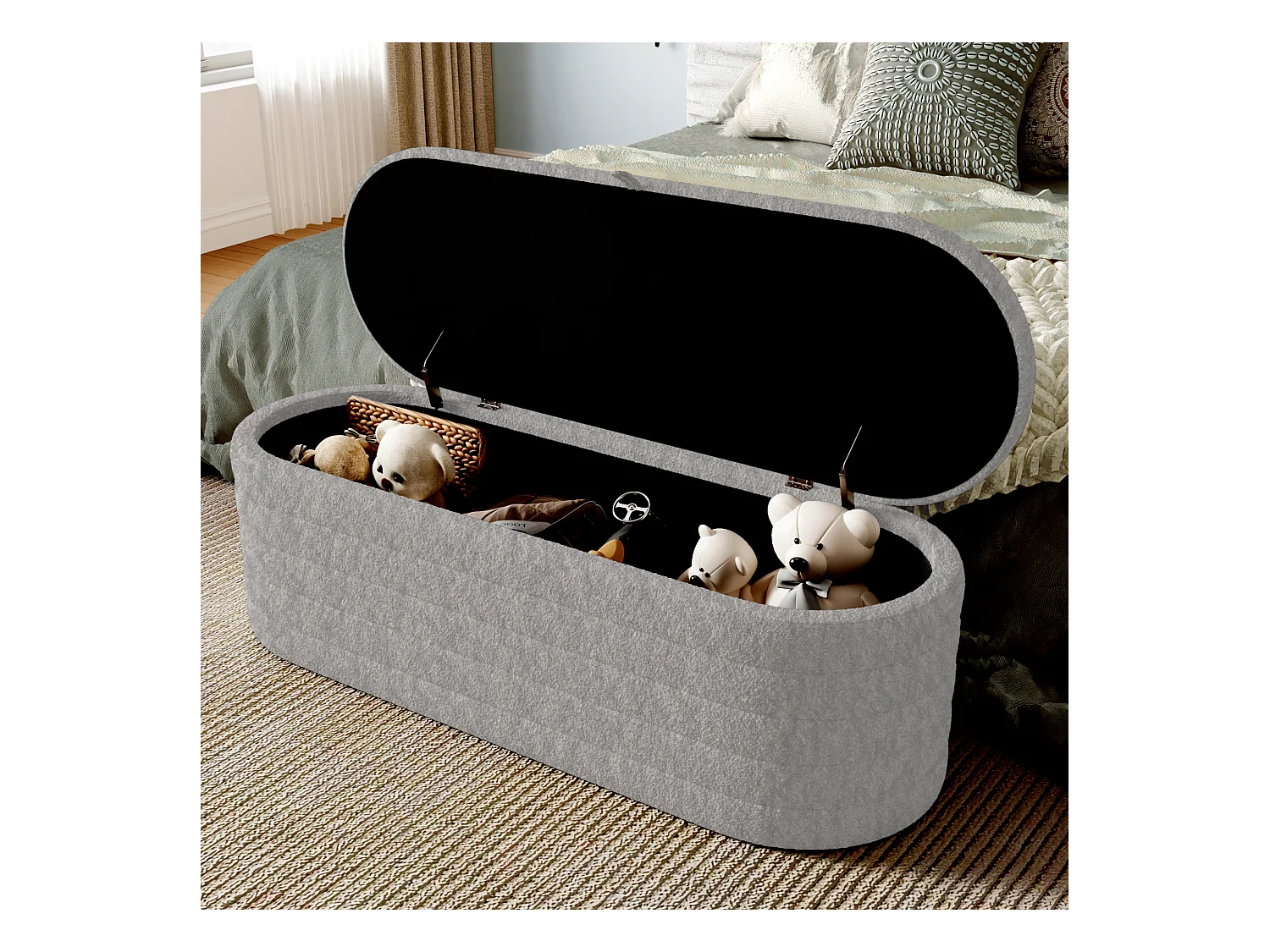 Pouf avec rangement, coussin confortable en Tissu peluche, couleur grise, 120x40x40 cm