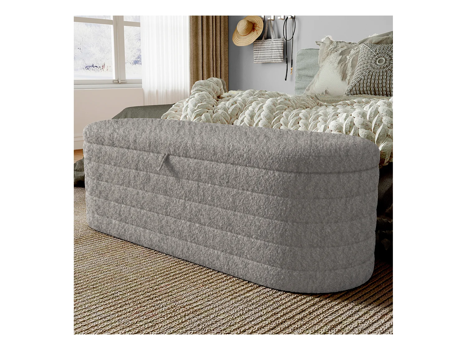 Pouf avec rangement, coussin confortable en Tissu peluche, couleur grise, 120x40x40 cm