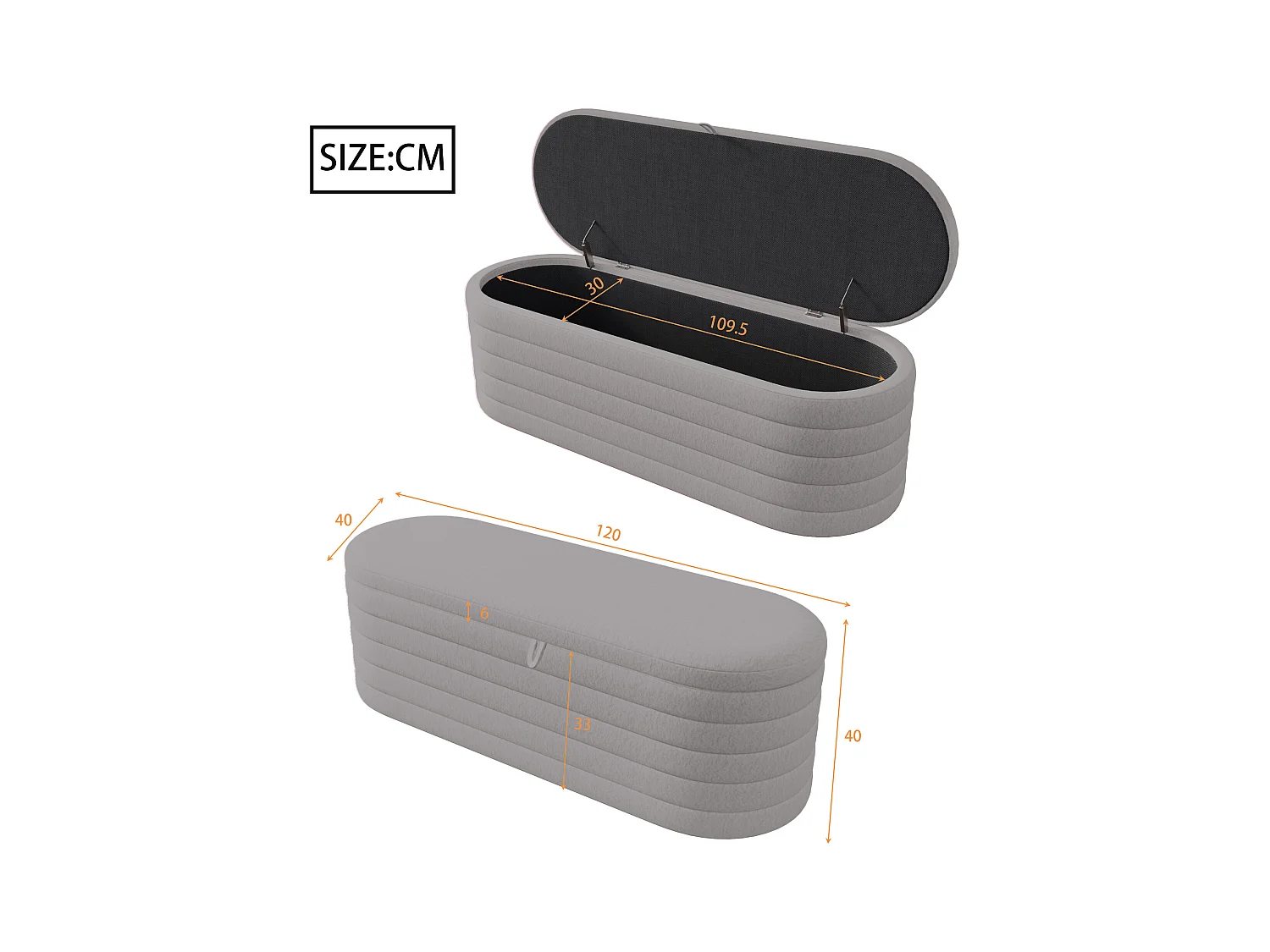 Pouf avec rangement, coussin confortable en Tissu peluche, couleur grise, 120x40x40 cm