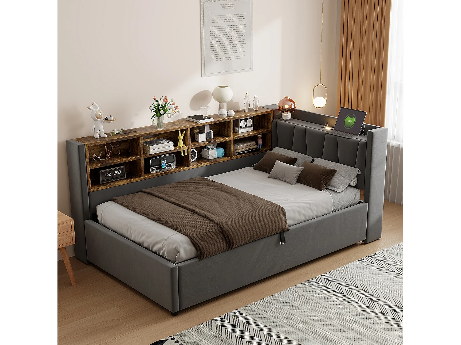 Lit banquette en velours gris foncé  90x200cm avec coffre hydraulique, veilleuse, ports de charge USB et Type-C(sans matelas)
