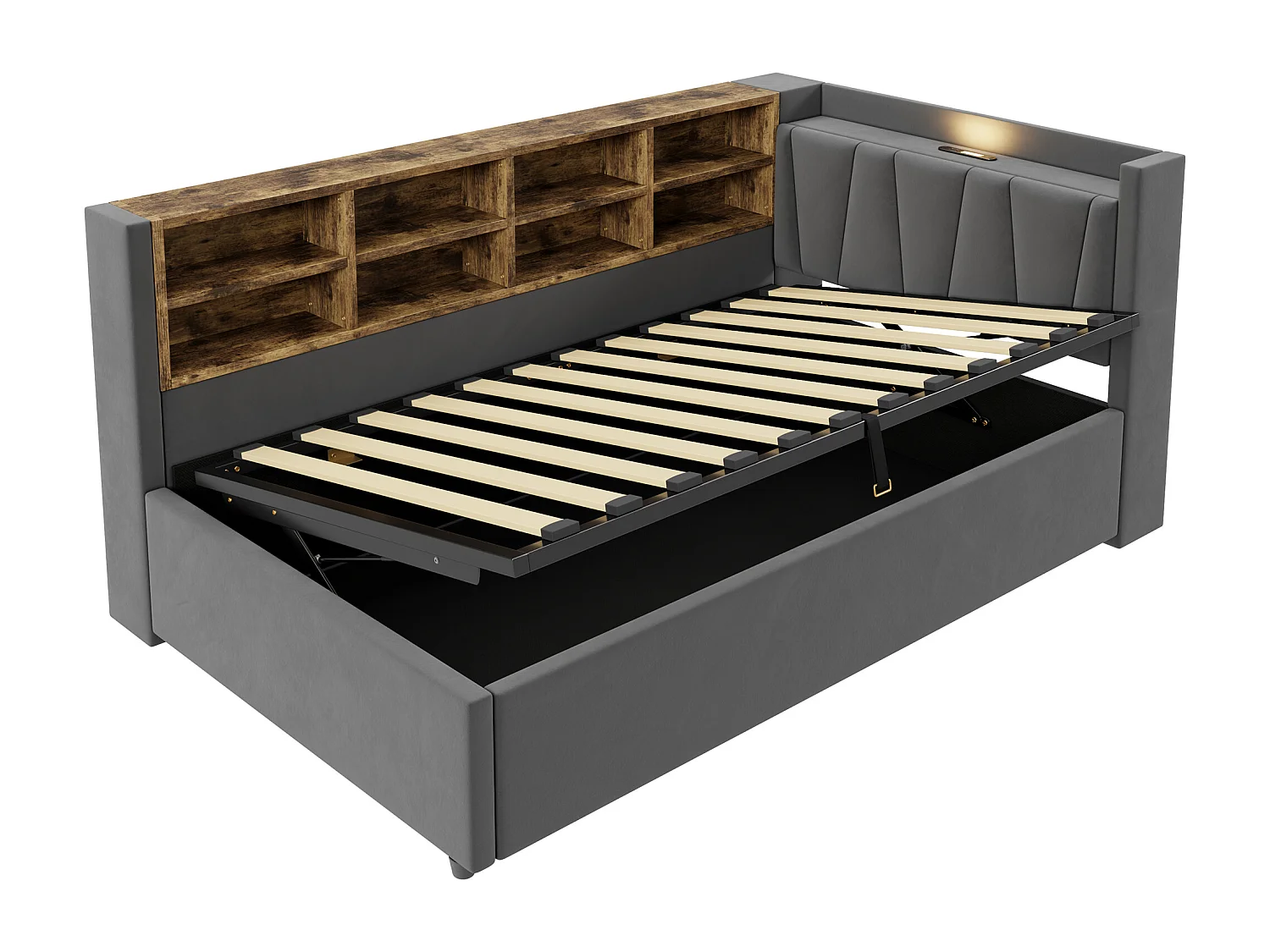 Lit banquette en velours gris foncé  90x200cm avec coffre hydraulique, veilleuse, ports de charge USB et Type-C(sans matelas)