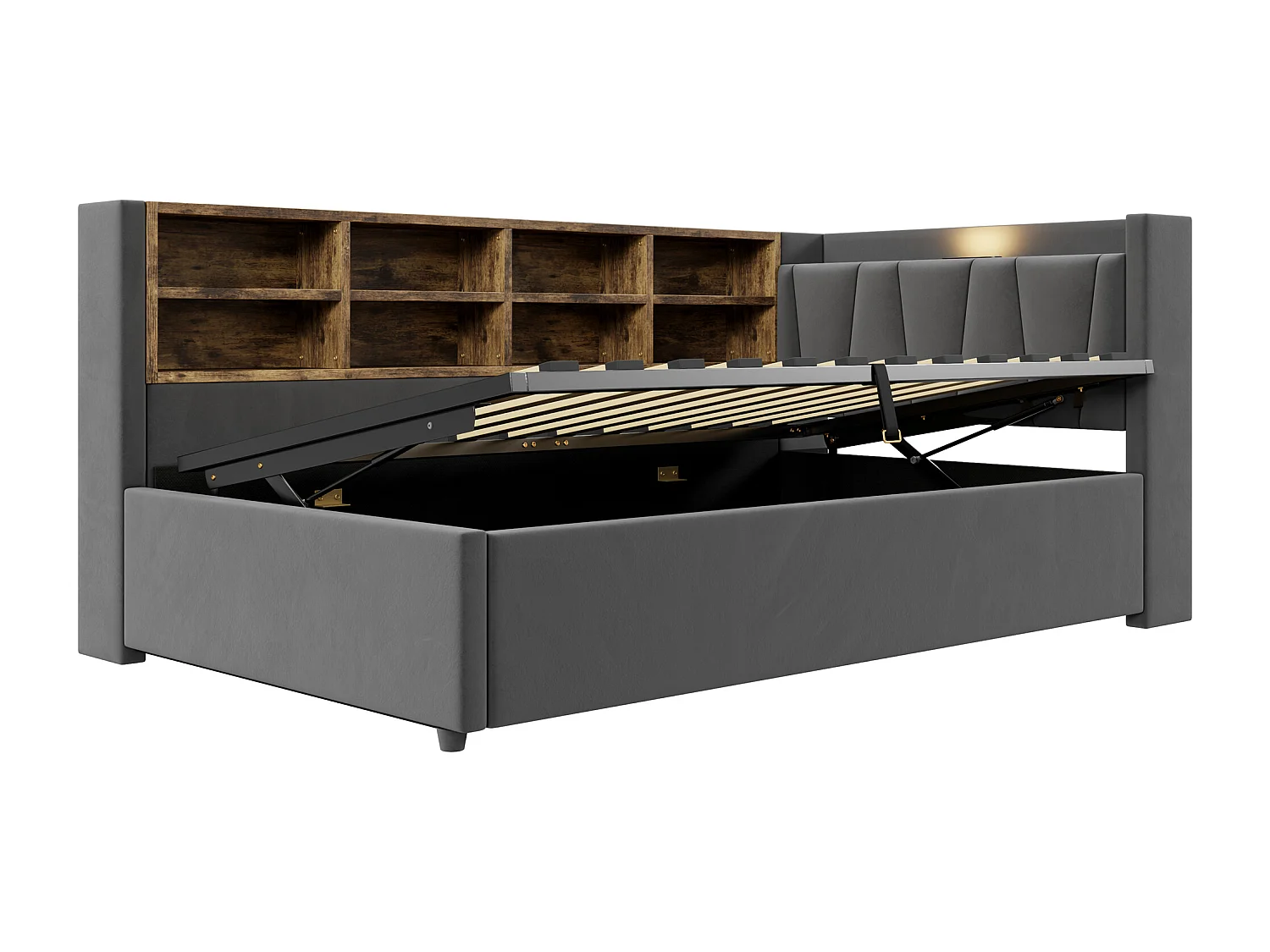 Lit banquette en velours gris foncé  90x200cm avec coffre hydraulique, veilleuse, ports de charge USB et Type-C(sans matelas)