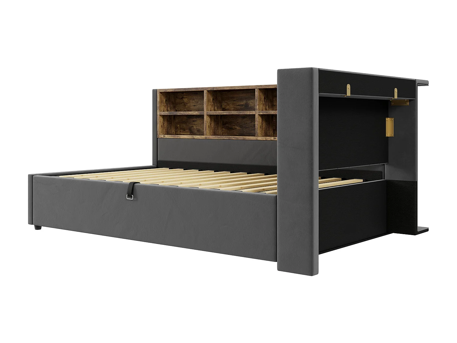 Lit banquette en velours gris foncé  90x200cm avec coffre hydraulique, veilleuse, ports de charge USB et Type-C(sans matelas)