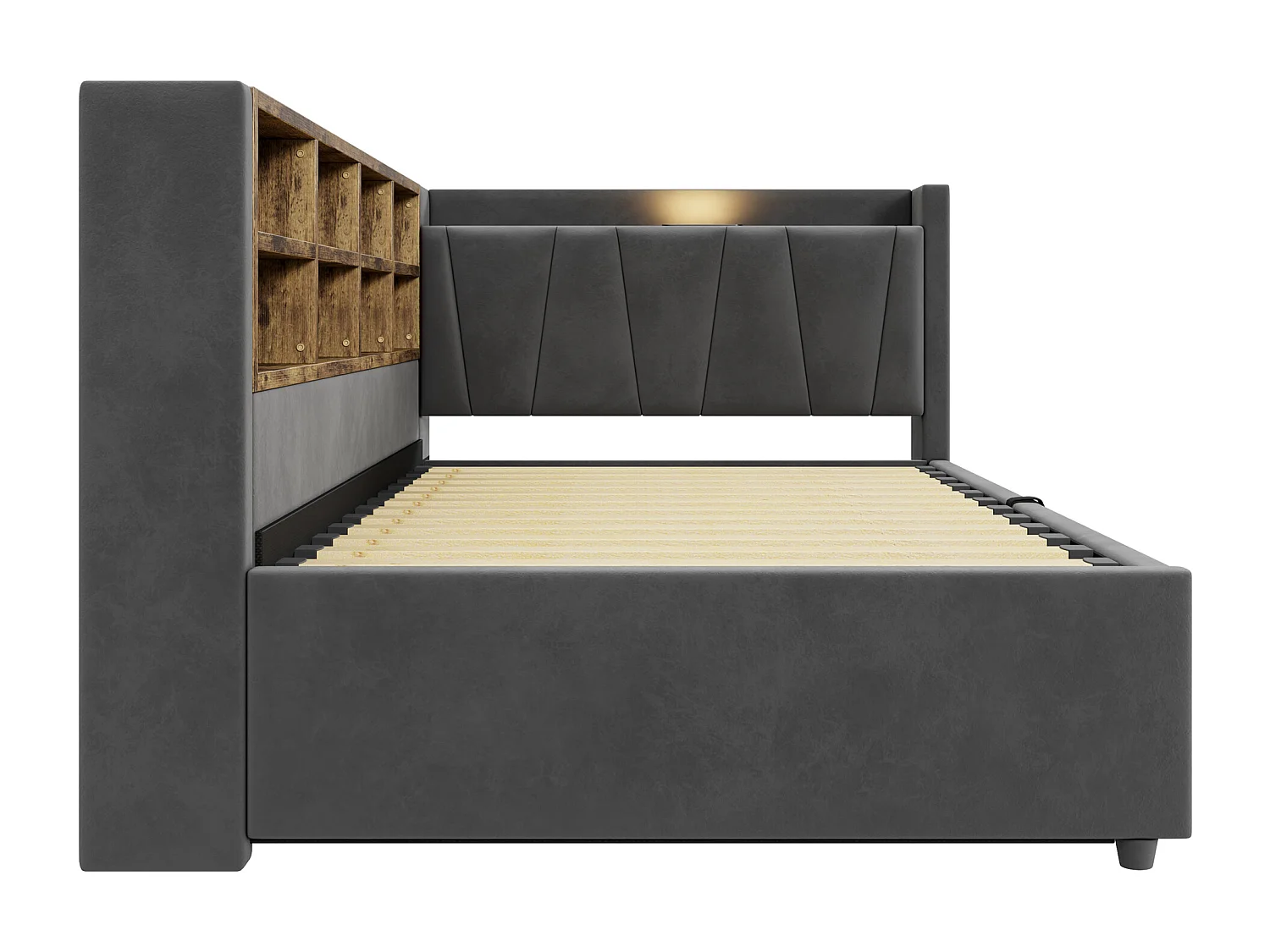 Lit banquette en velours gris foncé  90x200cm avec coffre hydraulique, veilleuse, ports de charge USB et Type-C(sans matelas)