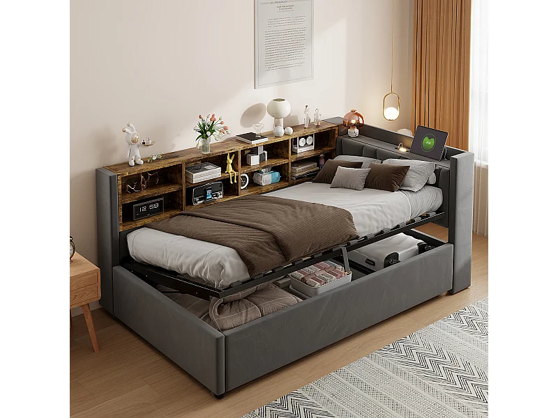 Lit banquette en velours gris foncé  90x200cm avec coffre hydraulique, veilleuse, ports de charge USB et Type-C(sans matelas)