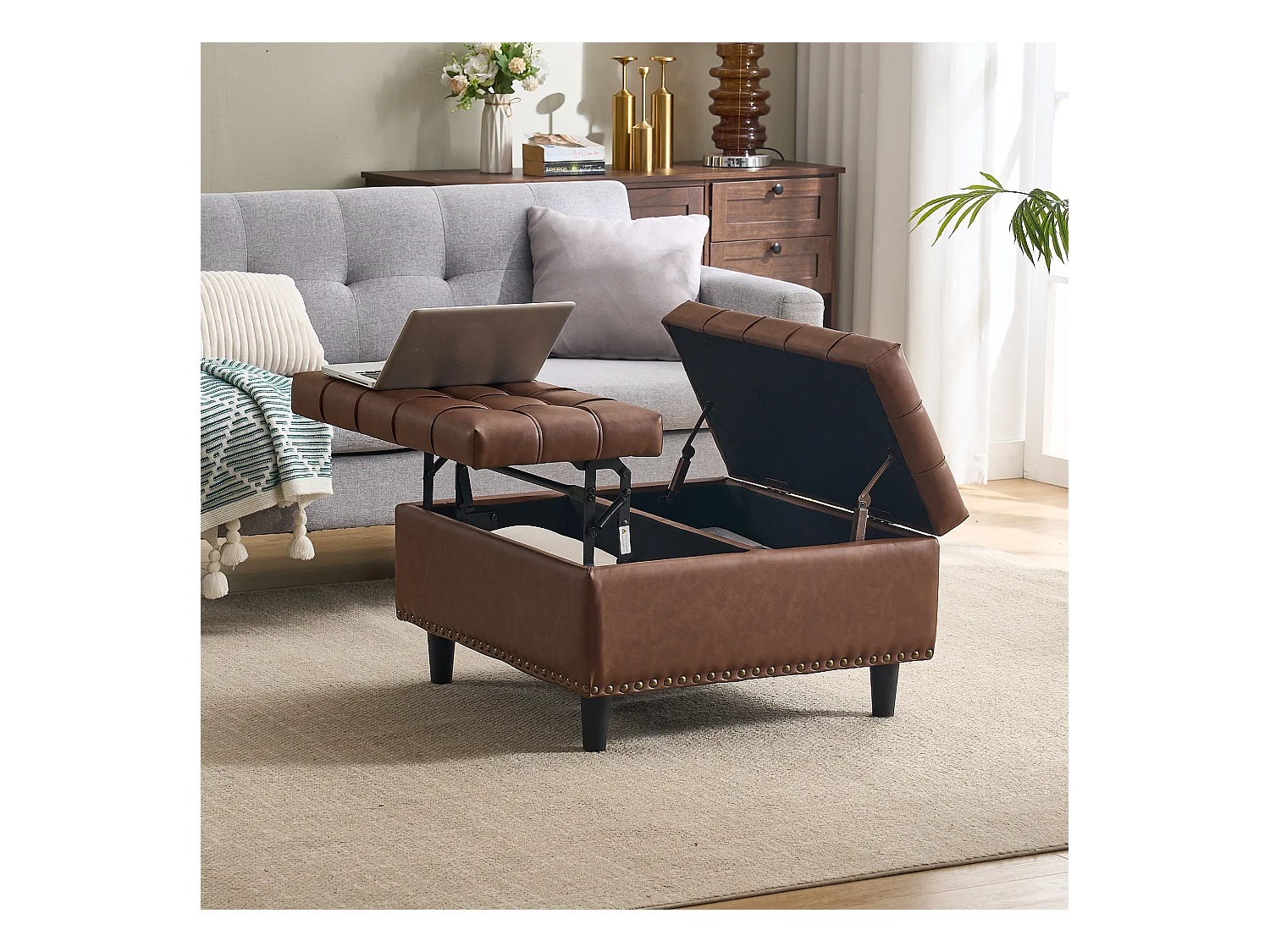 Banquette de rangement carrée, siège avec espace de stockage, PU cuir et bois, marron (75x75x41 cm)