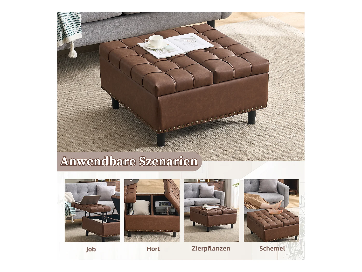 Banquette de rangement carrée, siège avec espace de stockage, PU cuir et bois, marron (75x75x41 cm)