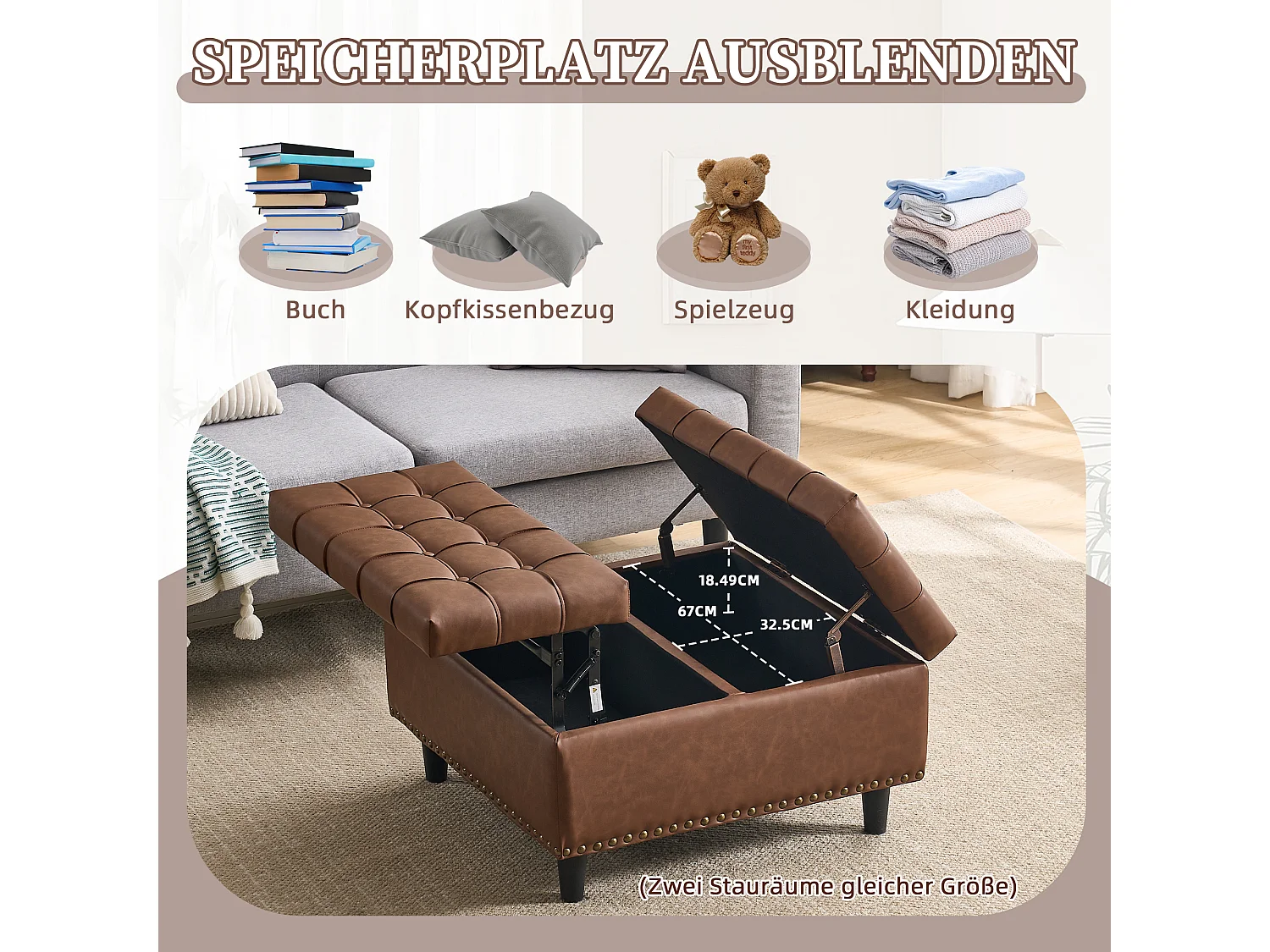 Vierkante opbergbank, zitting met opbergruimte, PU-leer en hout, bruin (75x75x41 cm)