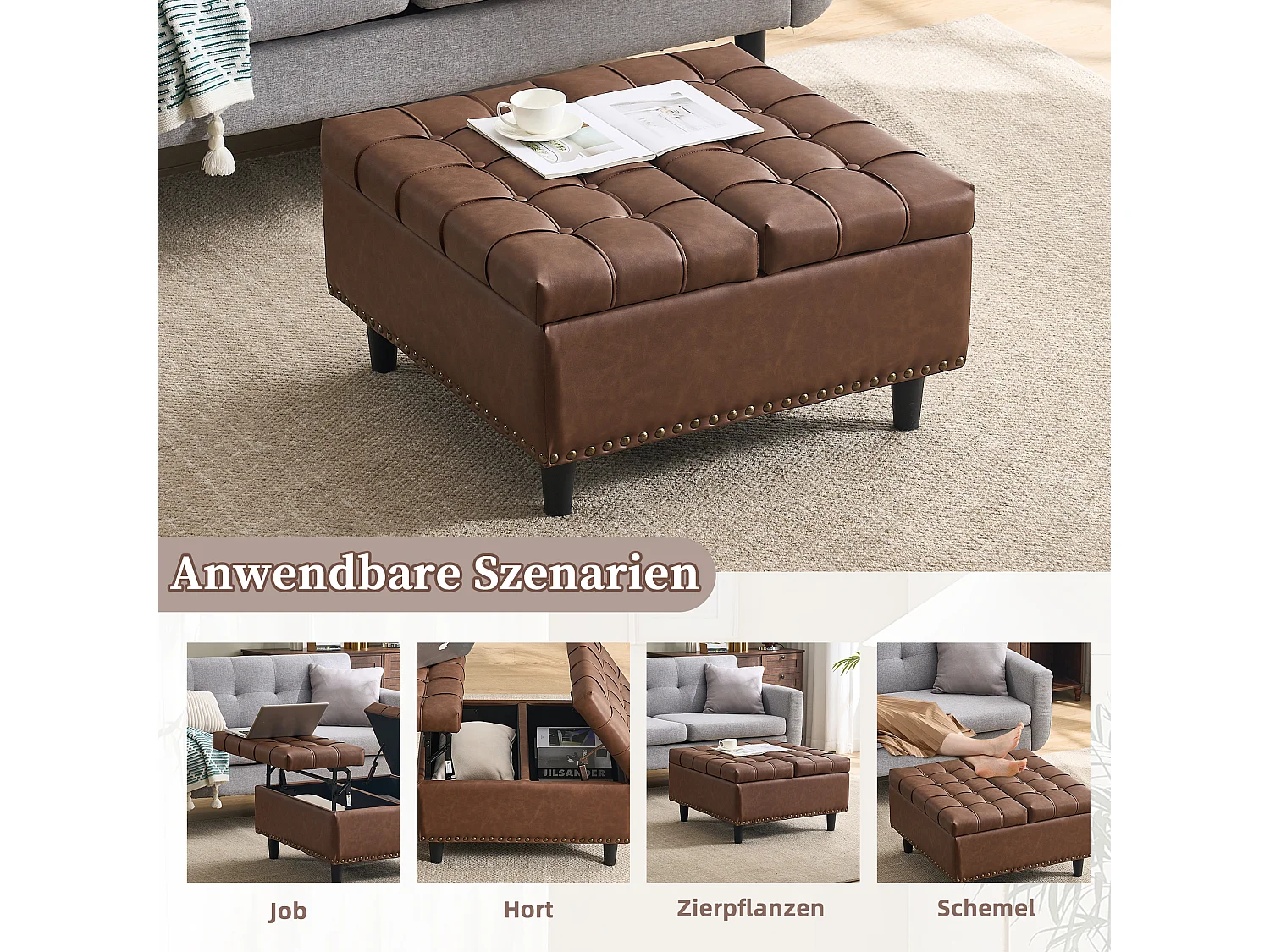 Vierkante opbergbank, zitting met opbergruimte, PU-leer en hout, bruin (75x75x41 cm)