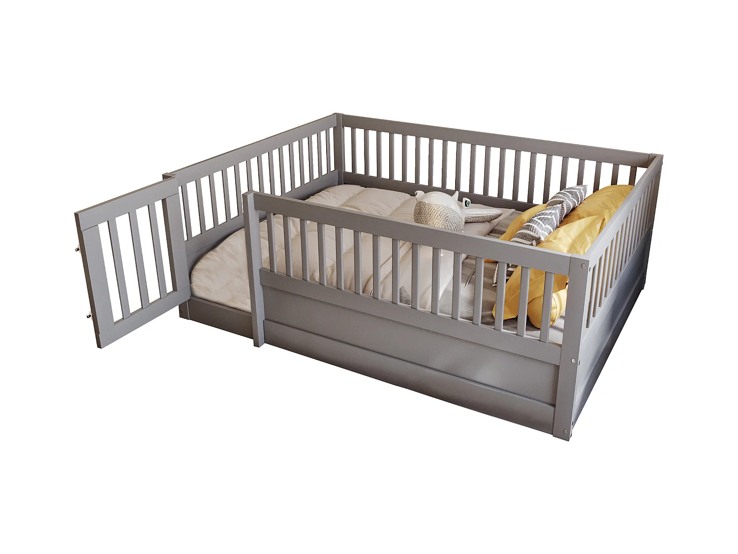 Lit cabane enfant gris 140x200cm avec cadre de lit et petite porte (sans matelas ni cadre de lit)