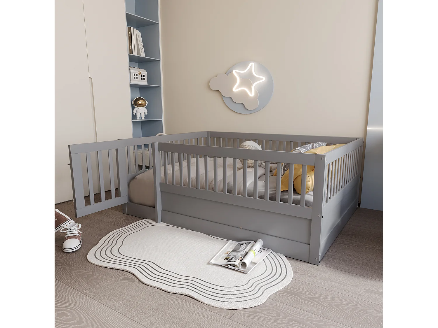 Lit cabane enfant gris 140x200cm avec cadre de lit et petite porte (sans matelas ni cadre de lit)