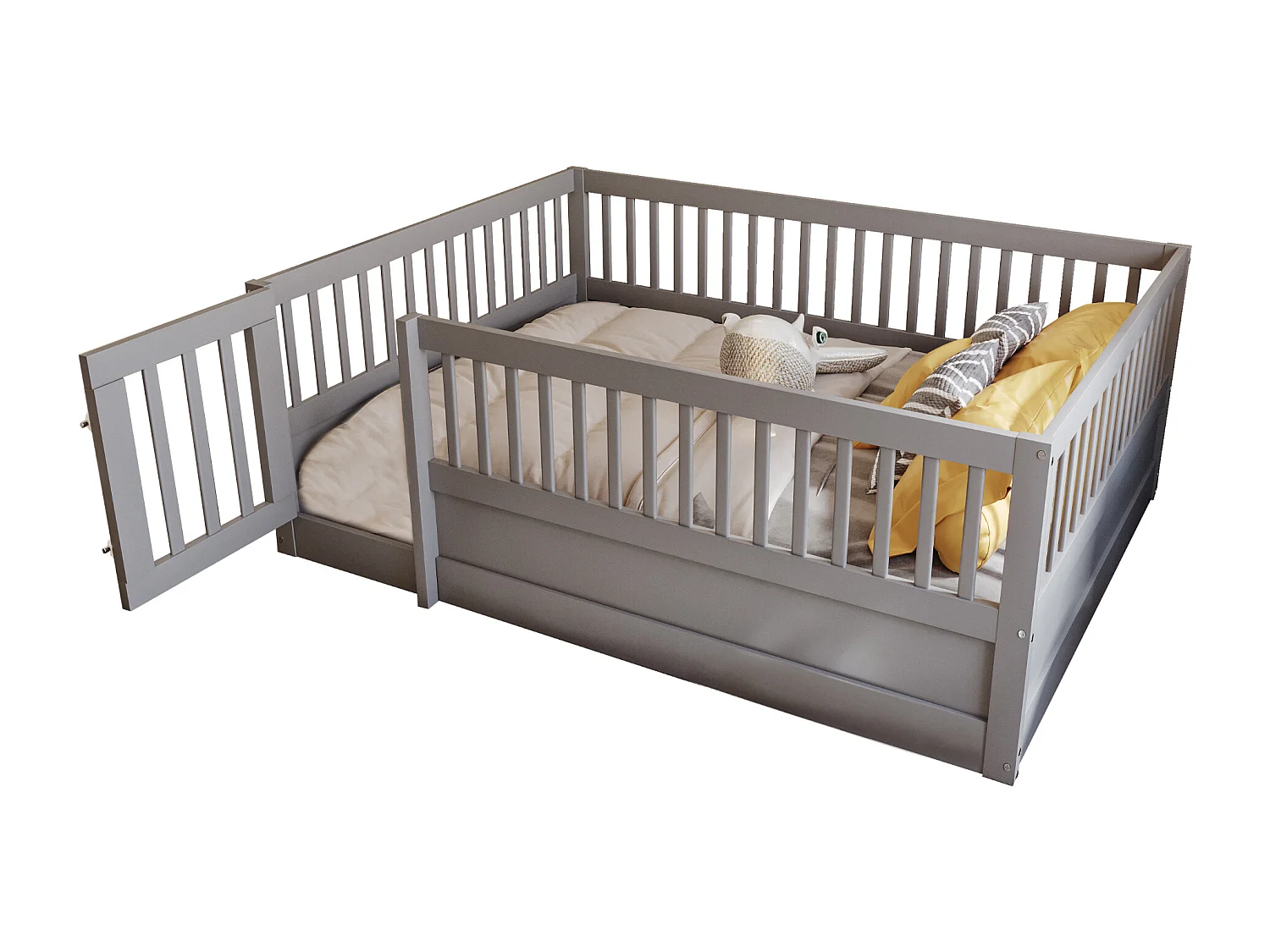 Lit cabane enfant gris 140x200cm avec cadre de lit et petite porte (sans matelas ni cadre de lit)