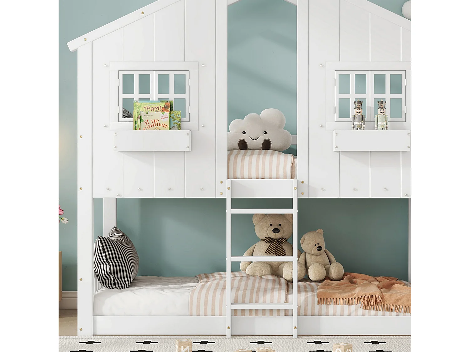 Lit superposé, 90 x 200 cm, avec échelle, sommier à lattes et protection anti-chute, bois, blanc