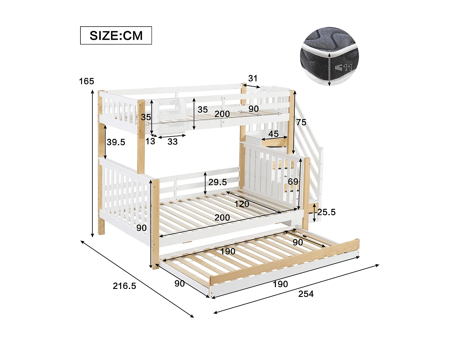 Lit Superposé pour Enfants 90x200cm, Cadre de Lit avec Rails de Protection Contre Les Chutes, Blanc