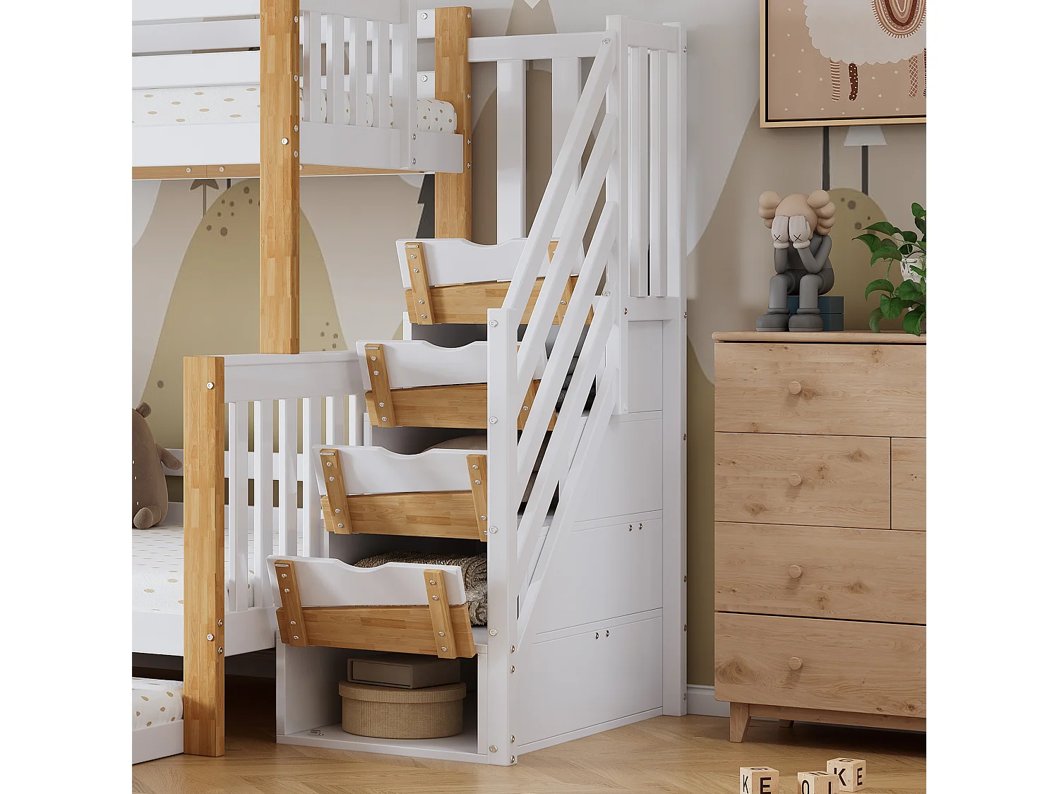 Lit Superposé pour Enfants 90x200cm, Cadre de Lit avec Rails de Protection Contre Les Chutes, Blanc